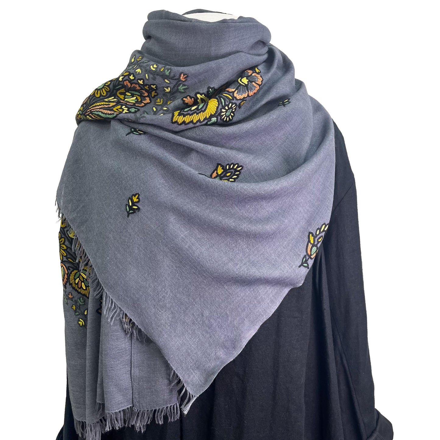 Jewelry Series 薄手ウール&シルク アリー手刺繍ストール (ダークグレー/イエロー)