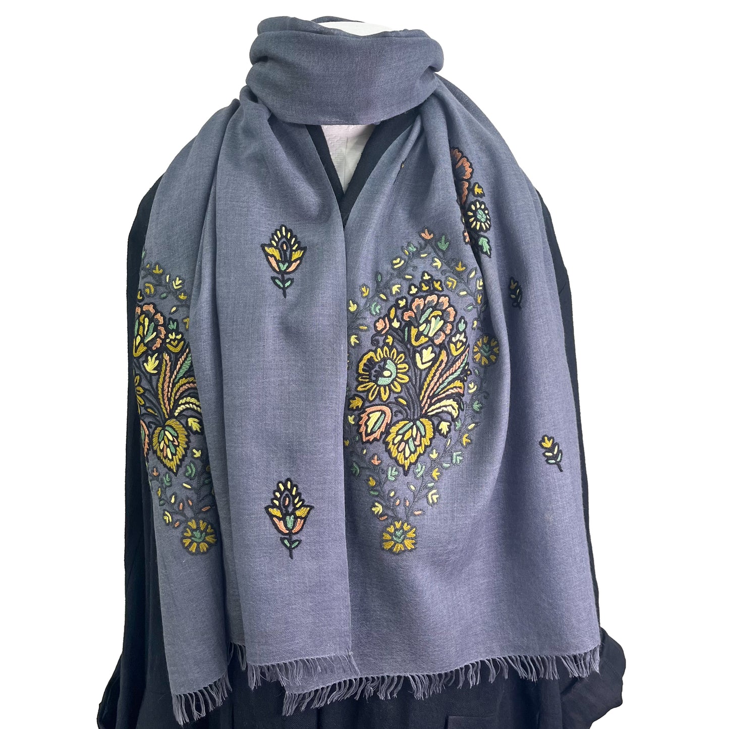 Jewelry Series 薄手ウール&シルク アリー手刺繍ストール (ダークグレー/イエロー)