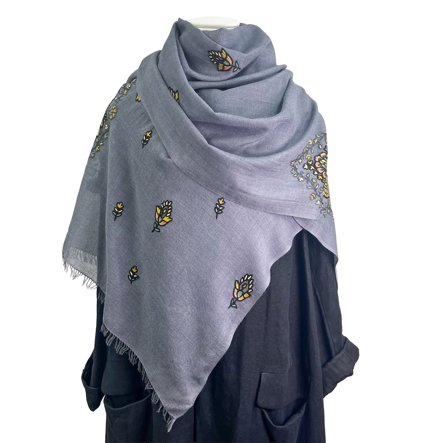 Jewelry Series 薄手ウール&シルク アリー手刺繍ストール (ダークグレー/イエロー)