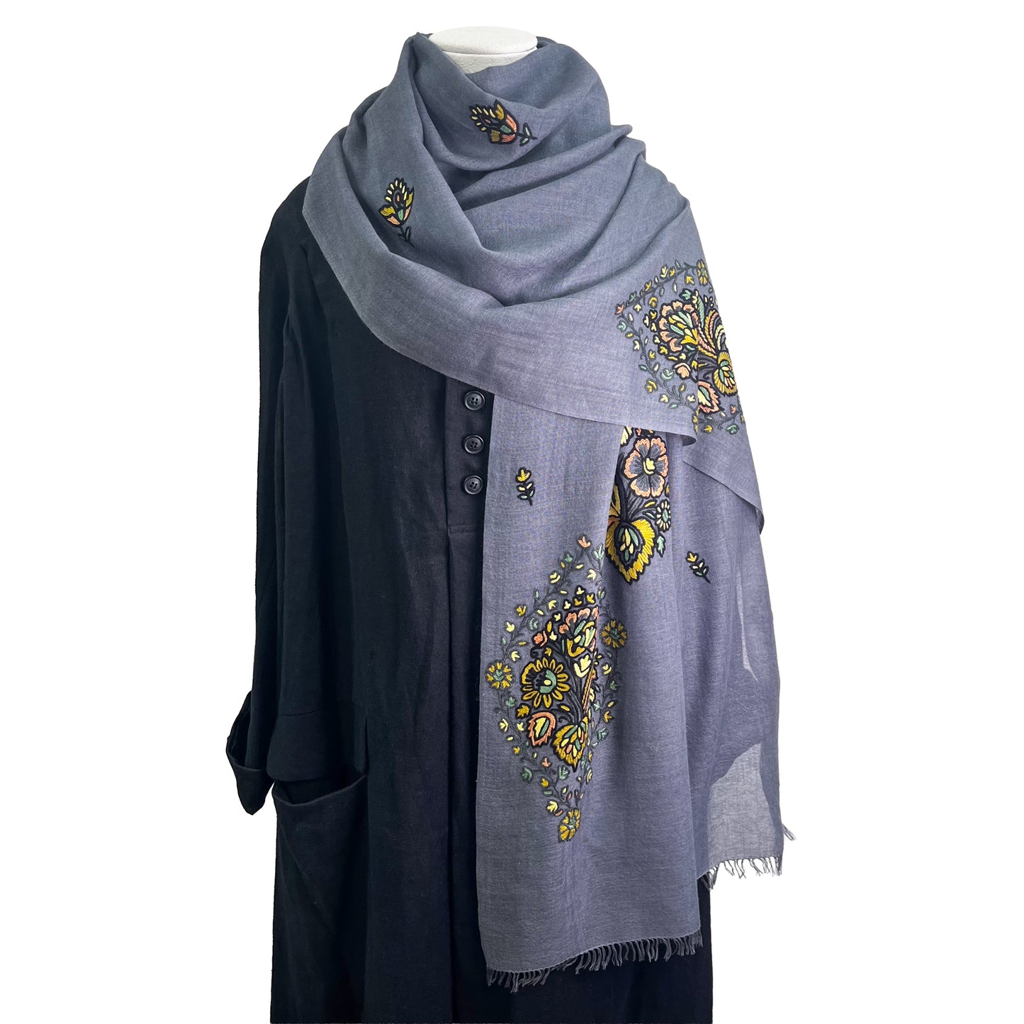 Jewelry Series 薄手ウール&シルク アリー手刺繍ストール (ダークグレー/イエロー)