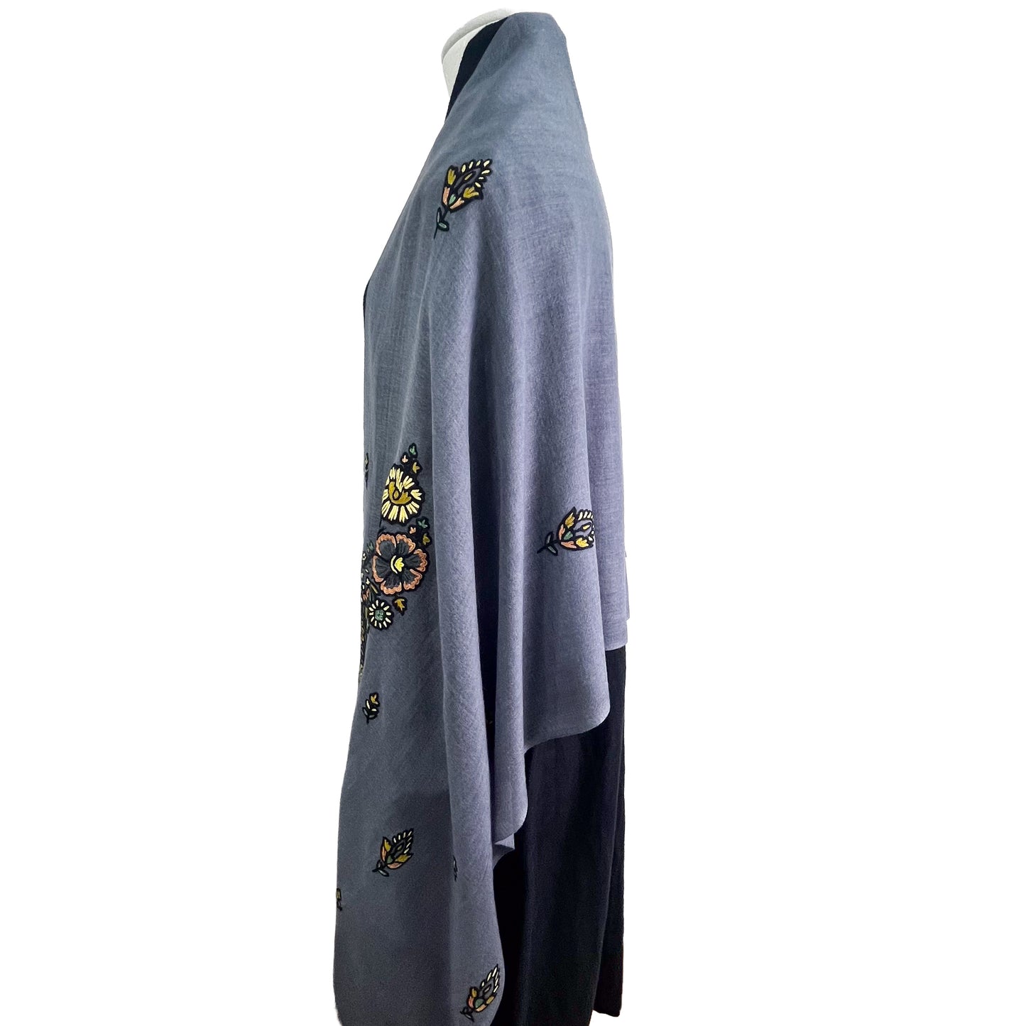 Jewelry Series 薄手ウール&シルク アリー手刺繍ストール (ダークグレー/イエロー)