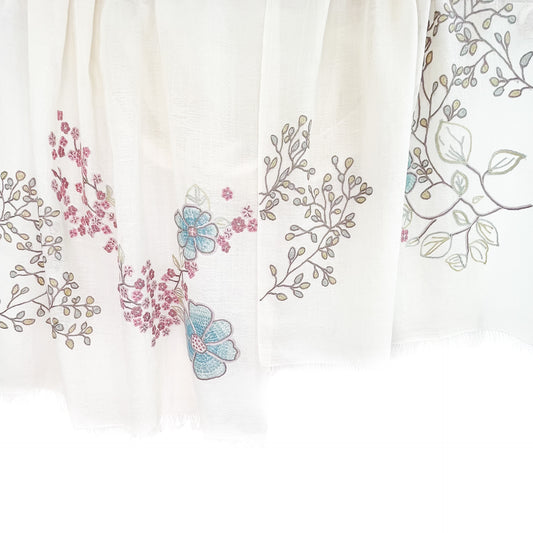 フラワーモチーフ 薄手ウール&シルク アリー手刺繍ストール (ホワイト/ピンクマルチ)