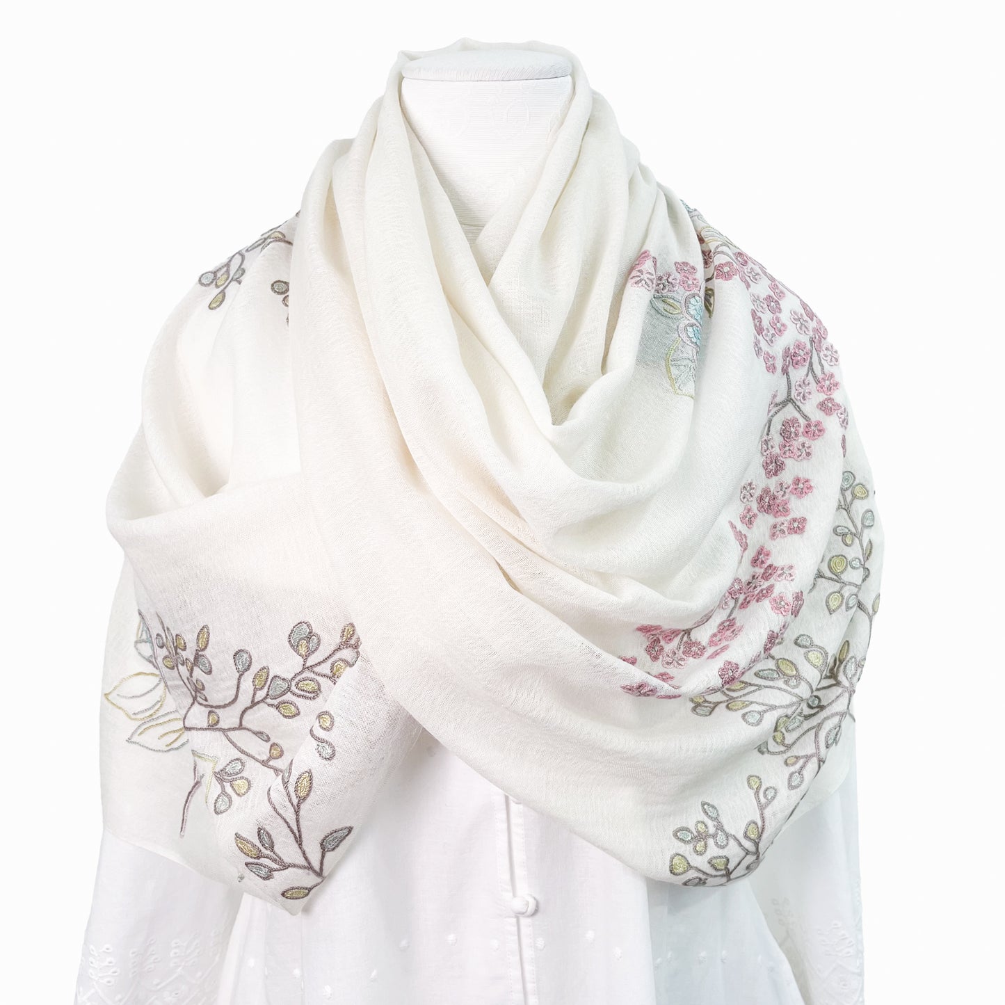 フラワーモチーフ 薄手ウール&シルク アリー手刺繍ストール (ホワイト/ピンクマルチ)