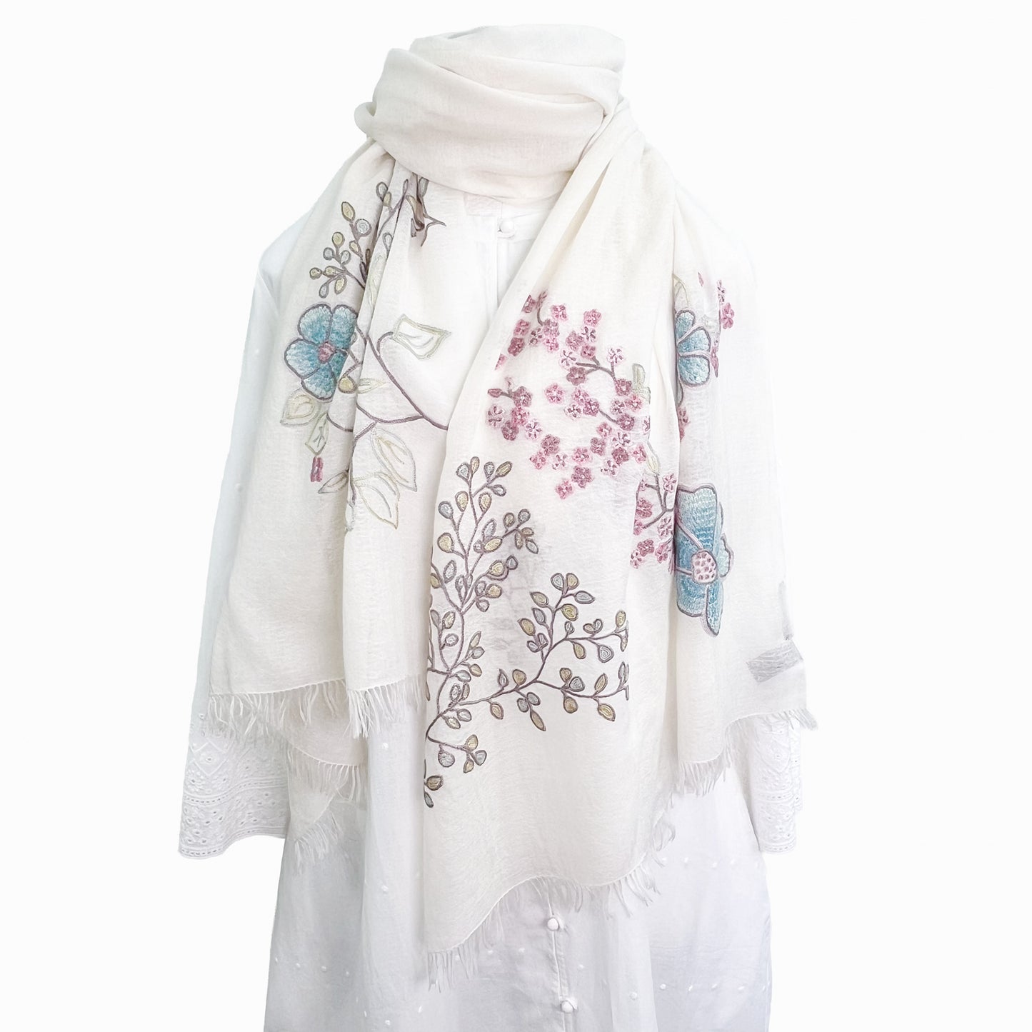 フラワーモチーフ 薄手ウール&シルク アリー手刺繍ストール (ホワイト/ピンクマルチ)