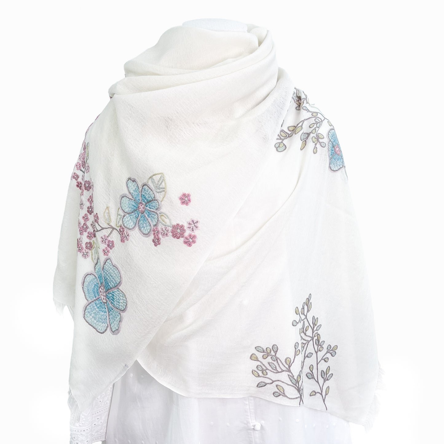 フラワーモチーフ 薄手ウール&シルク アリー手刺繍ストール (ホワイト/ピンクマルチ)