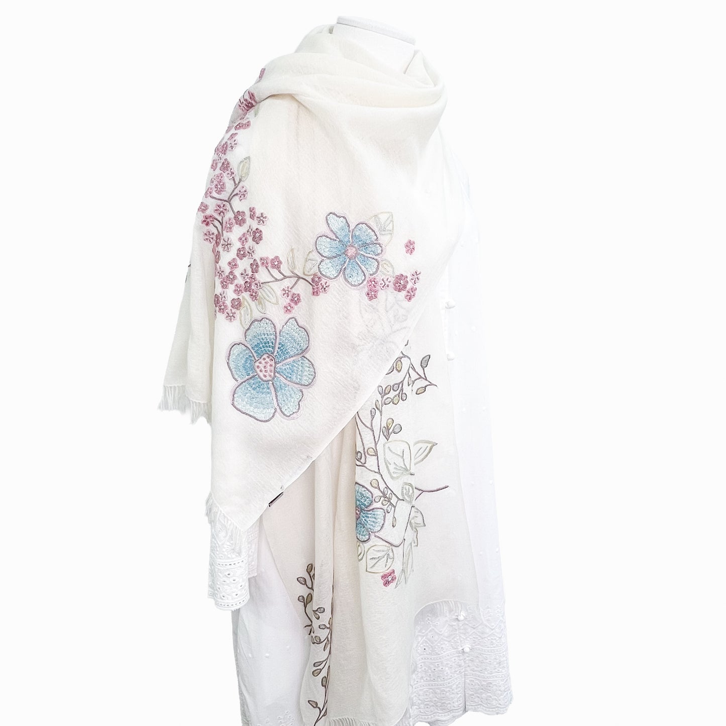 フラワーモチーフ 薄手ウール&シルク アリー手刺繍ストール (ホワイト/ピンクマルチ)