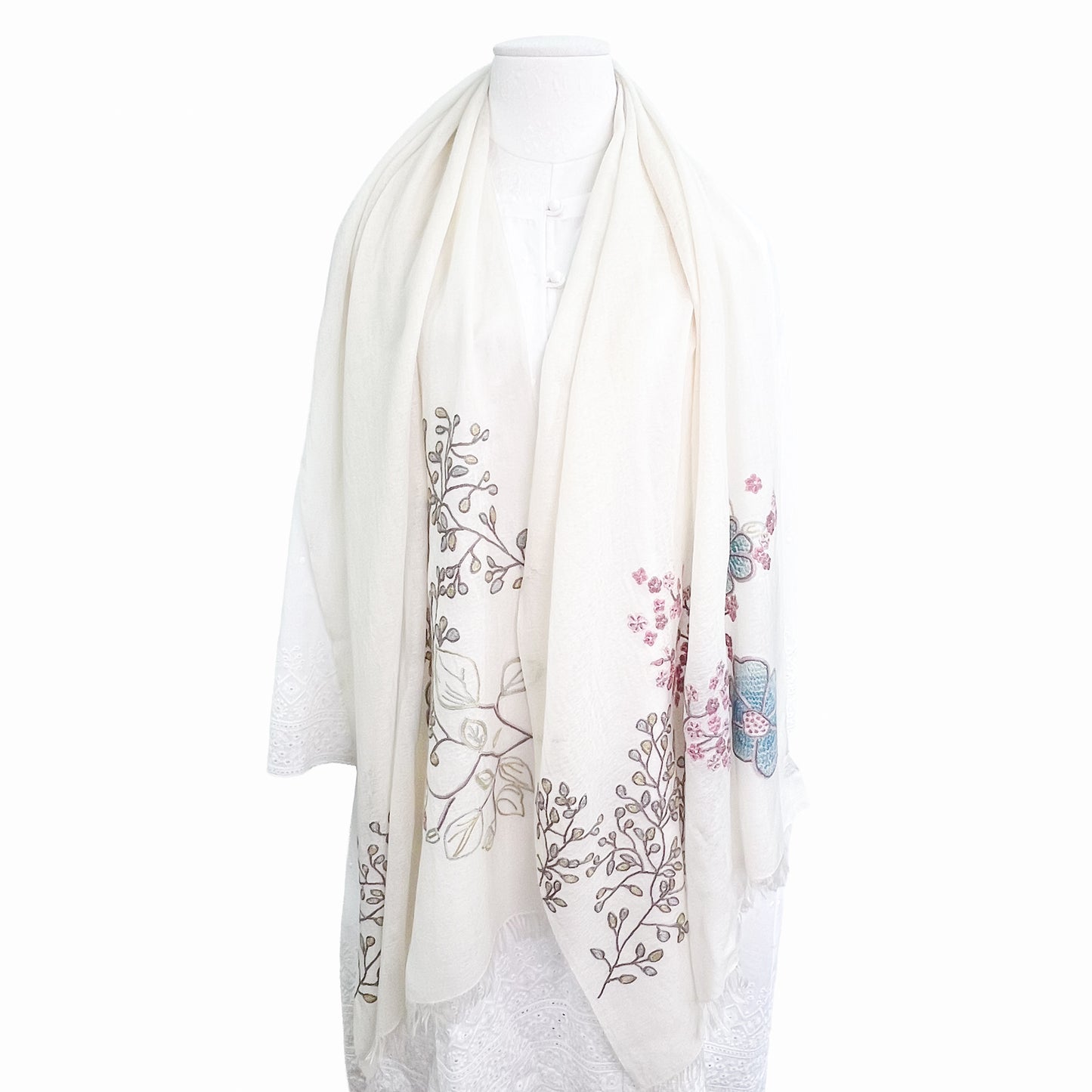 フラワーモチーフ 薄手ウール&シルク アリー手刺繍ストール (ホワイト/ピンクマルチ)