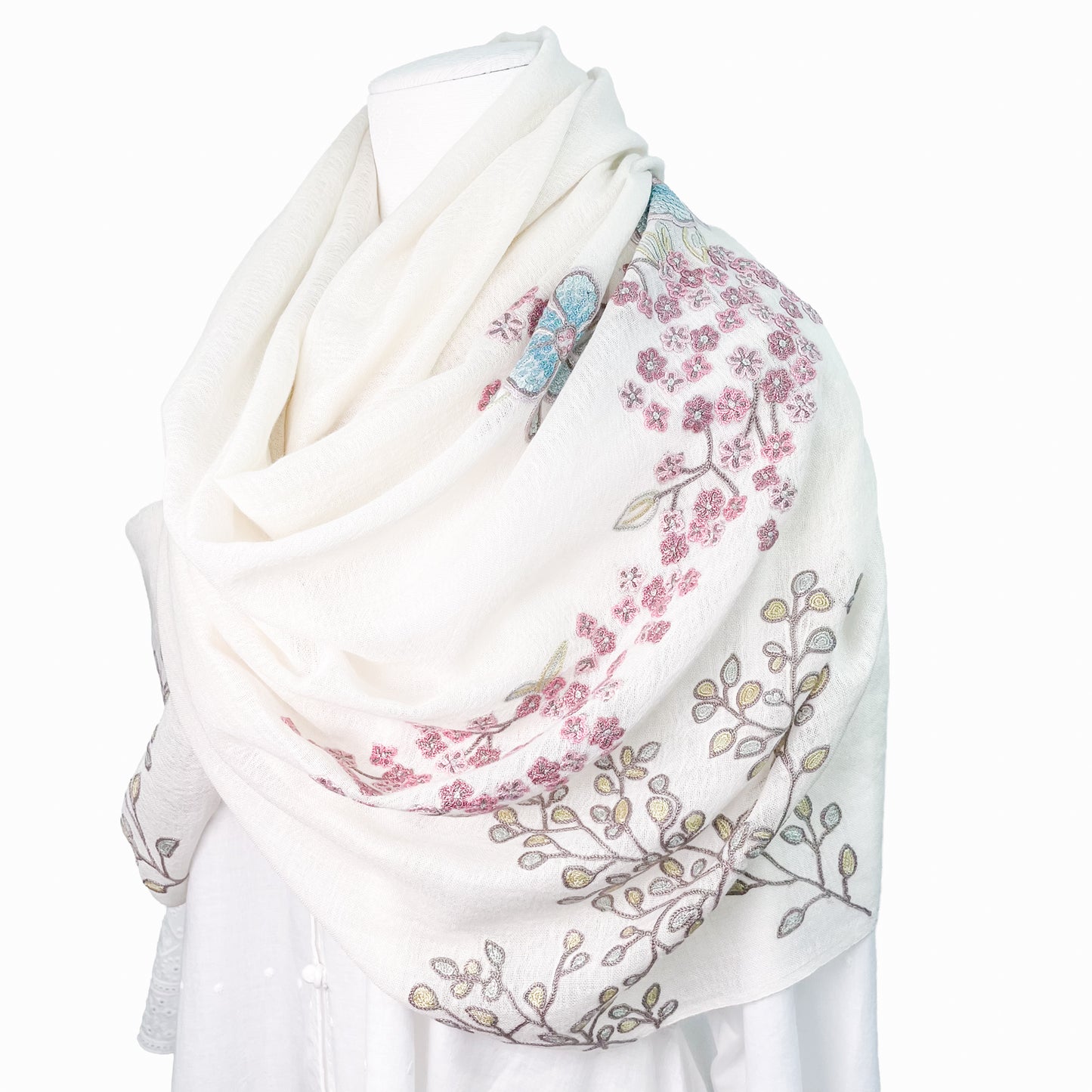 フラワーモチーフ 薄手ウール&シルク アリー手刺繍ストール (ホワイト/ピンクマルチ)