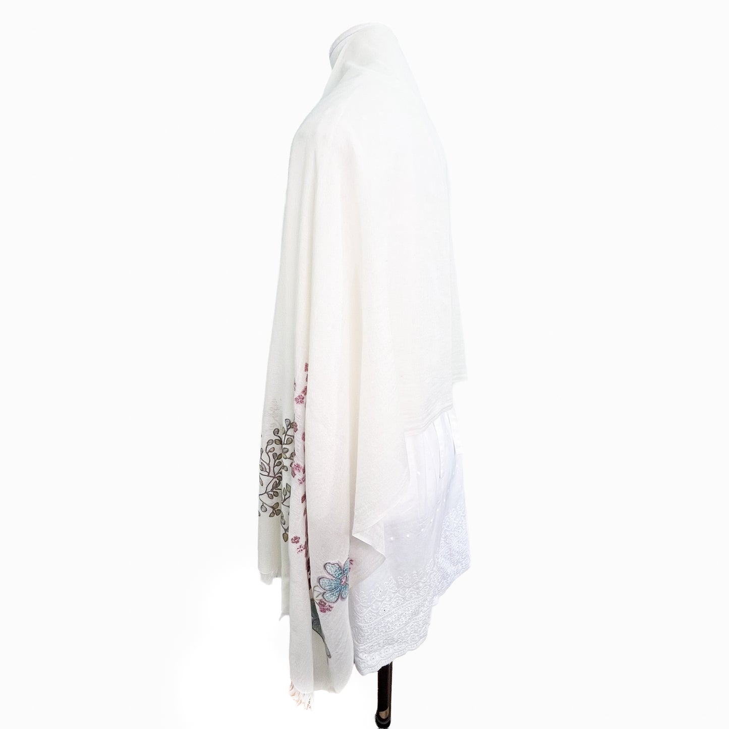 フラワーモチーフ 薄手ウール&シルク アリー手刺繍ストール (ホワイト/ピンクマルチ)
