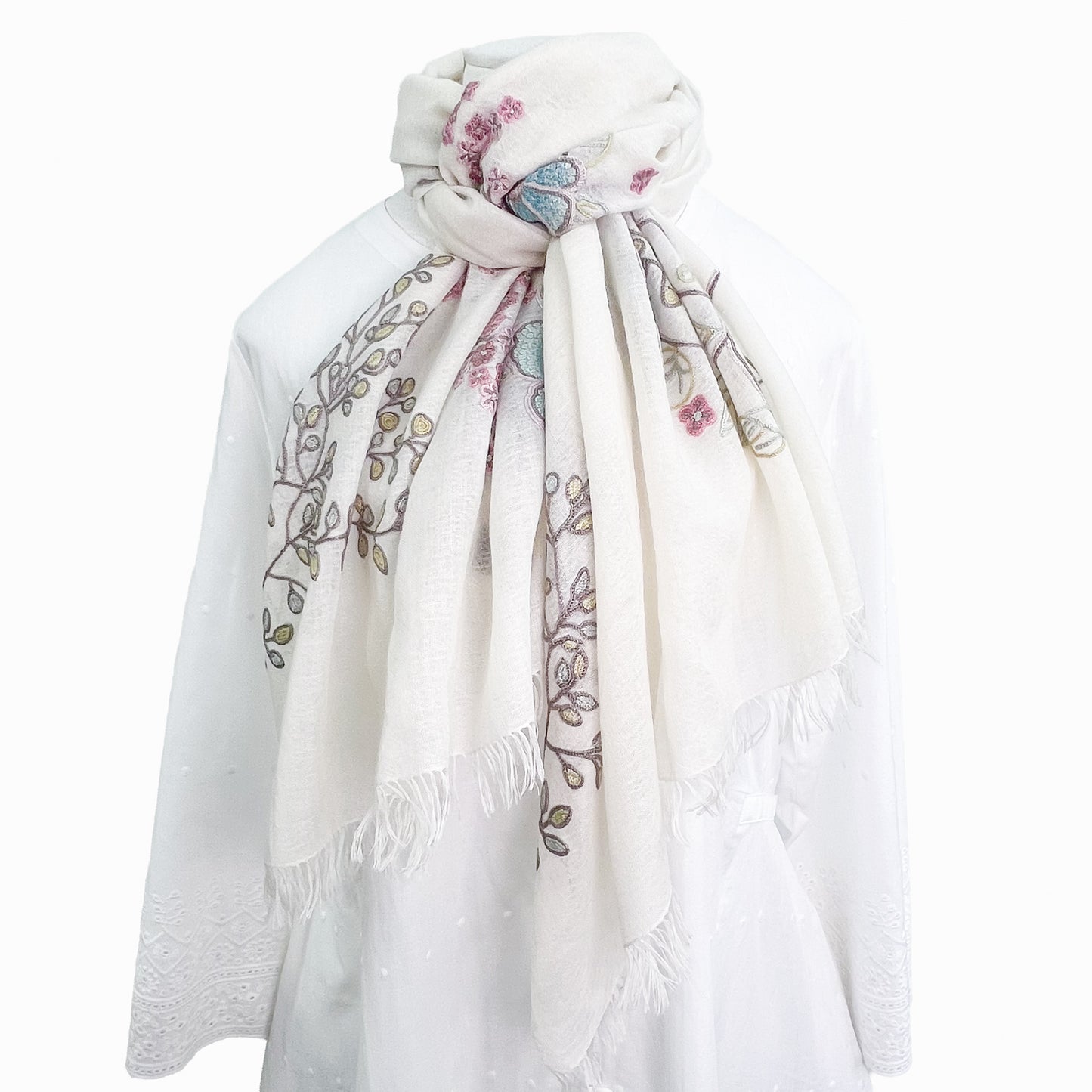 フラワーモチーフ 薄手ウール&シルク アリー手刺繍ストール (ホワイト/ピンクマルチ)