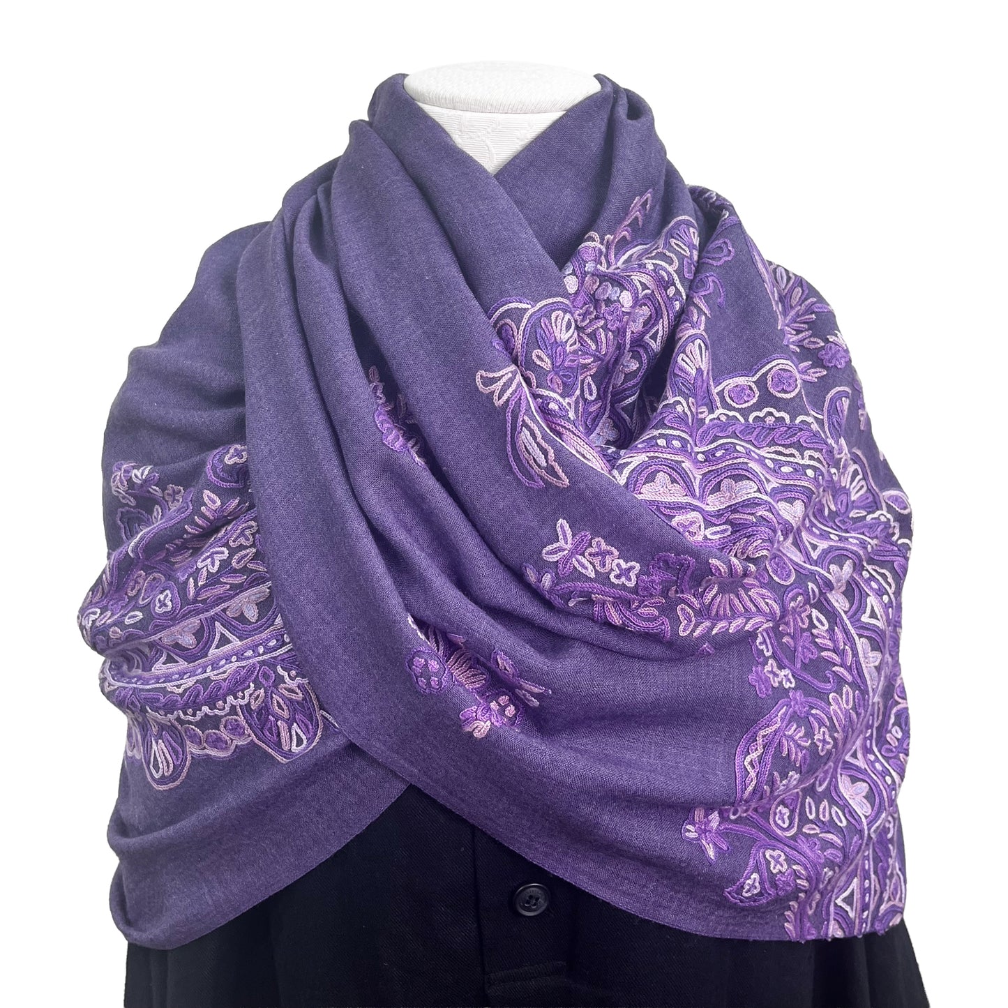 Lace 薄手ウール&シルク アリー手刺繍ストール (ダークパープル)