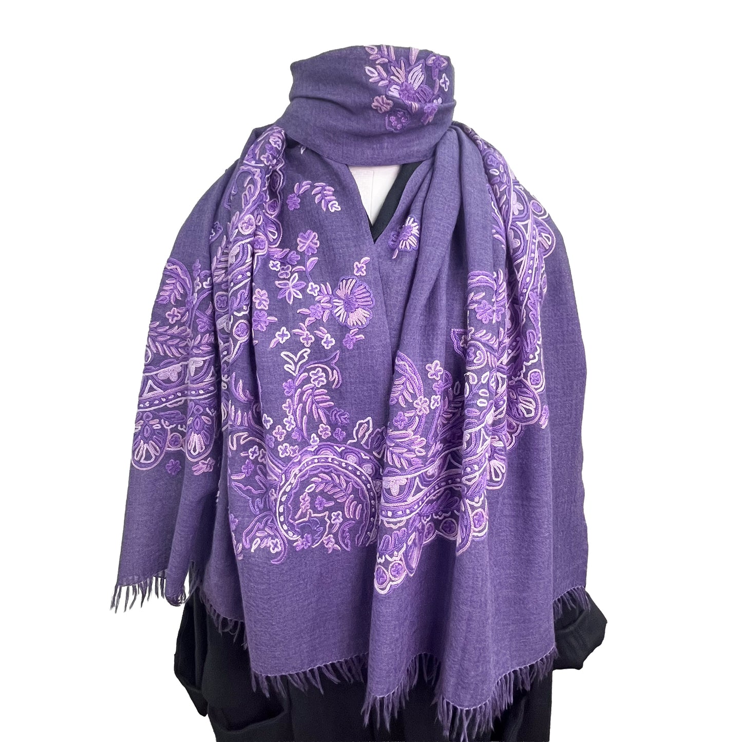 Lace 薄手ウール&シルク アリー手刺繍ストール (ダークパープル)