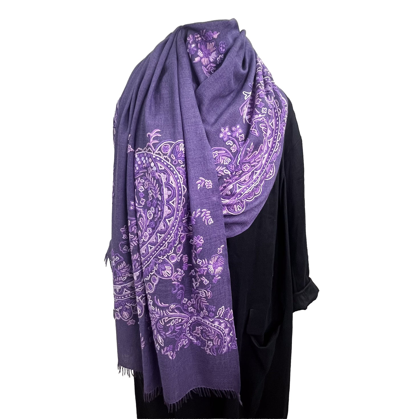 Lace 薄手ウール&シルク アリー手刺繍ストール (ダークパープル)