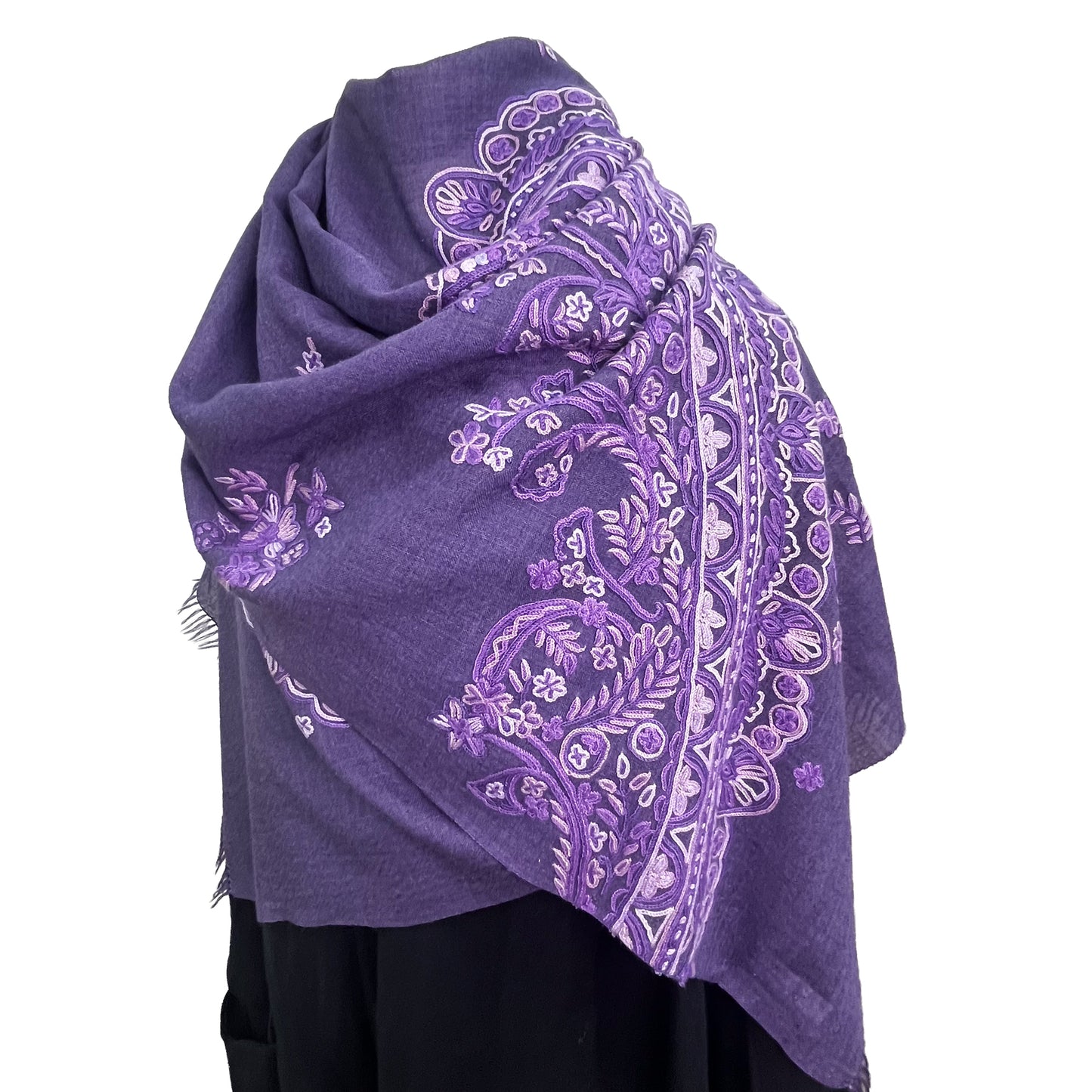 Lace 薄手ウール&シルク アリー手刺繍ストール (ダークパープル)