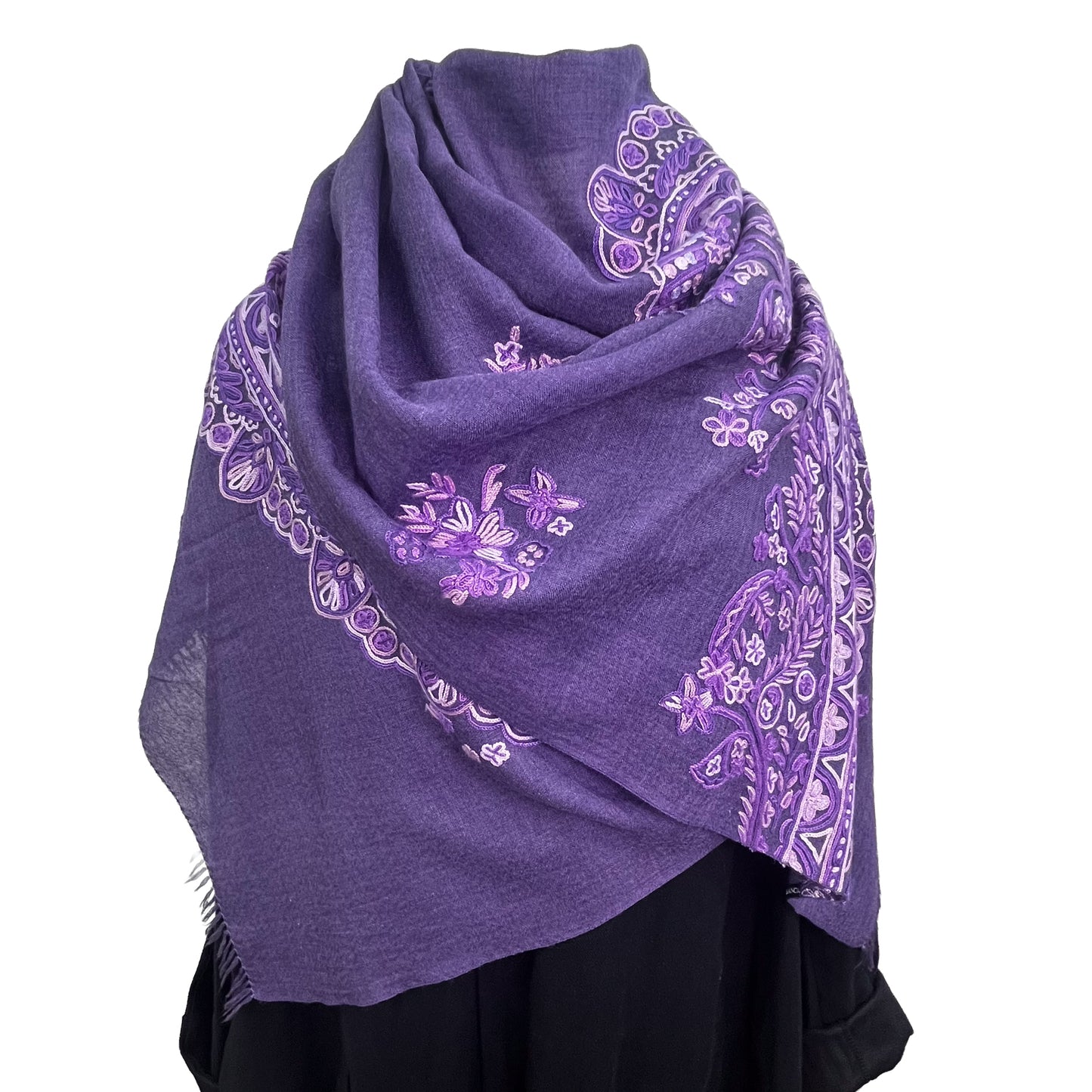 Lace 薄手ウール&シルク アリー手刺繍ストール (ダークパープル)