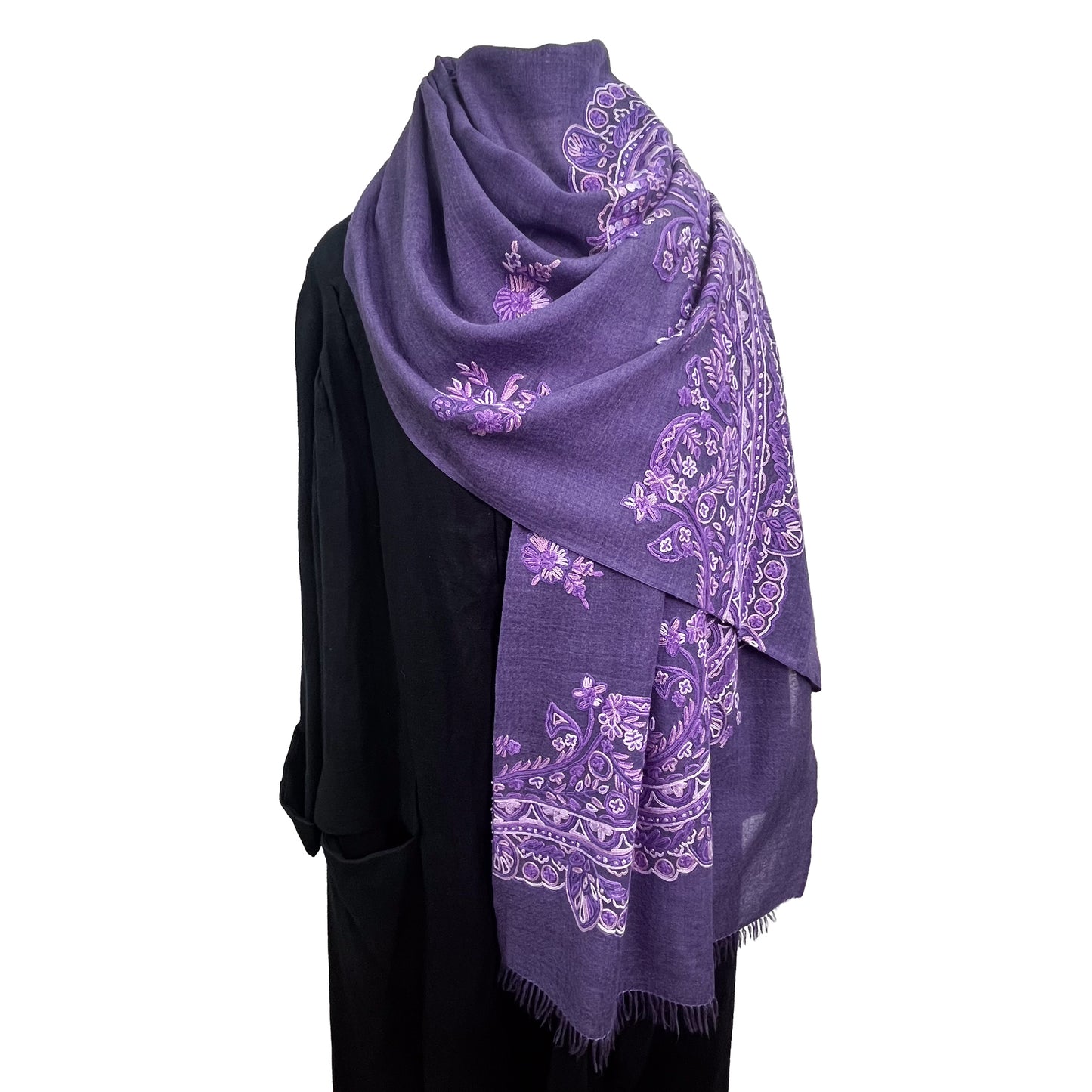 Lace 薄手ウール&シルク アリー手刺繍ストール (ダークパープル)