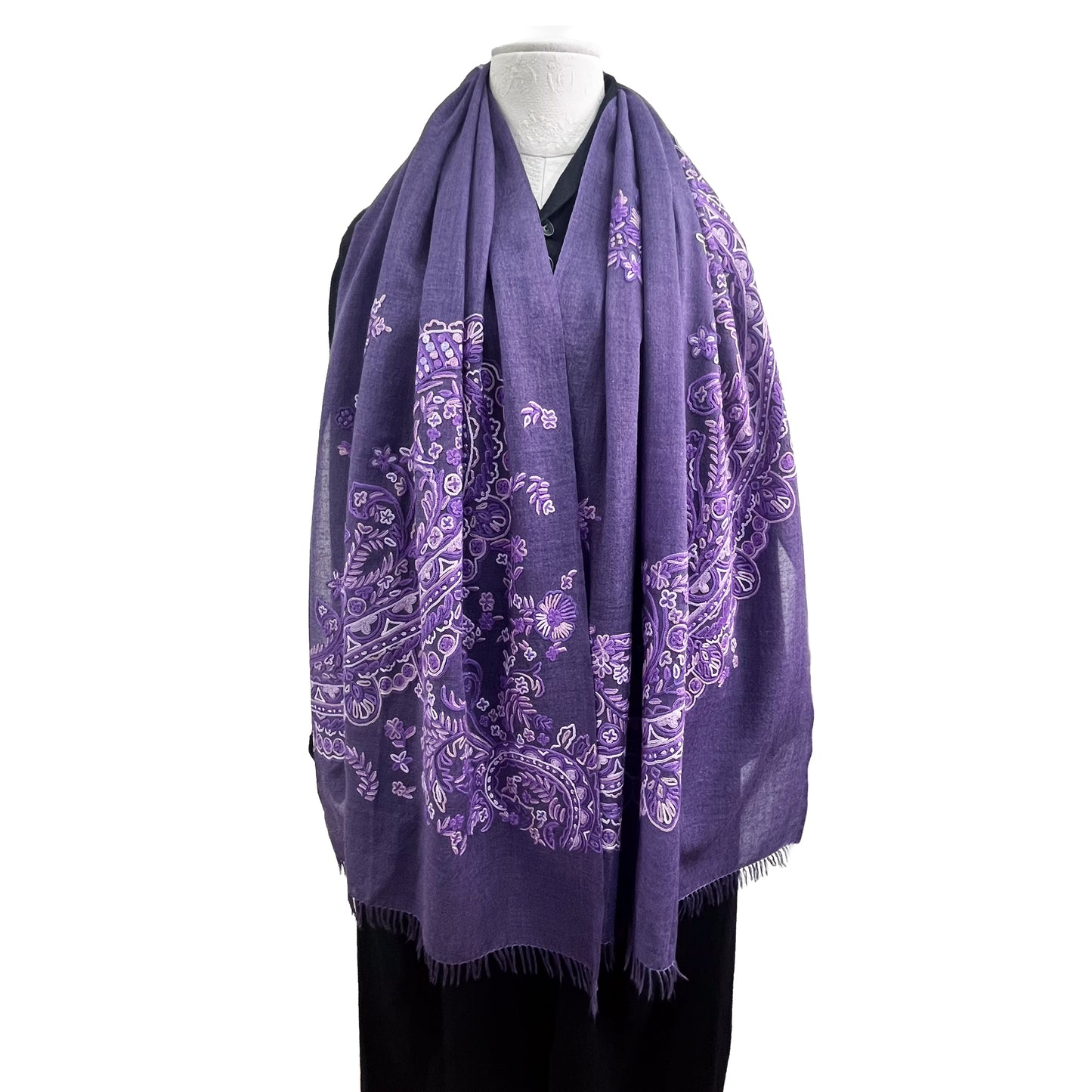 Lace 薄手ウール&シルク アリー手刺繍ストール (ダークパープル)