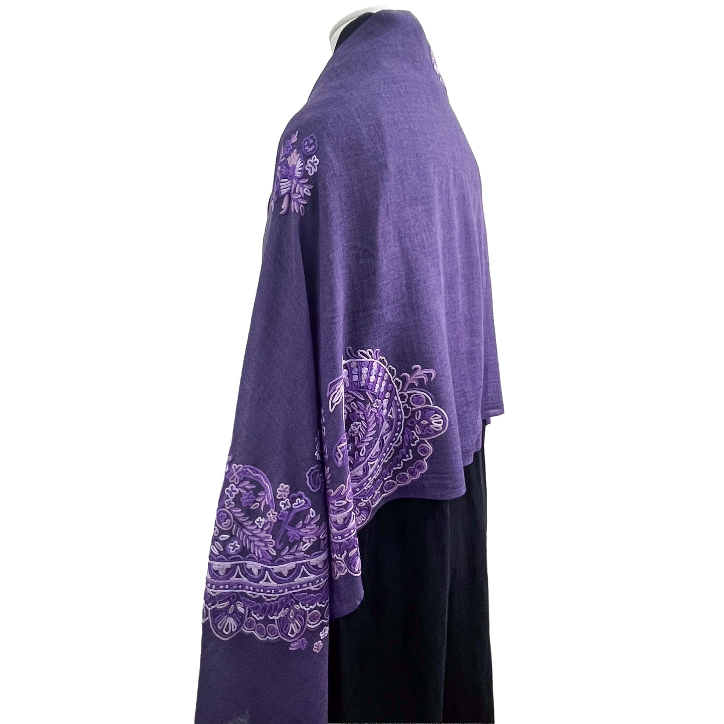 Lace 薄手ウール&シルク アリー手刺繍ストール (ダークパープル)