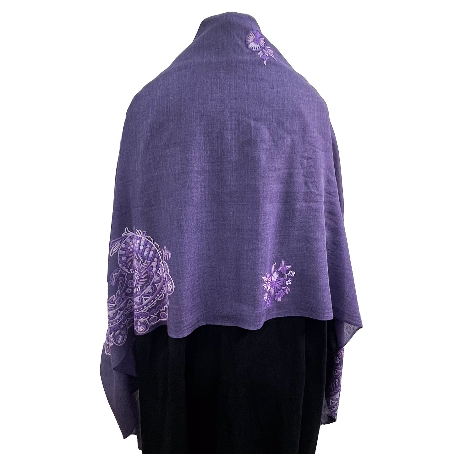 Lace 薄手ウール&シルク アリー手刺繍ストール (ダークパープル)