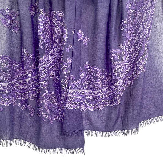 Lace 薄手ウール&シルク アリー手刺繍ストール (ダークパープル)
