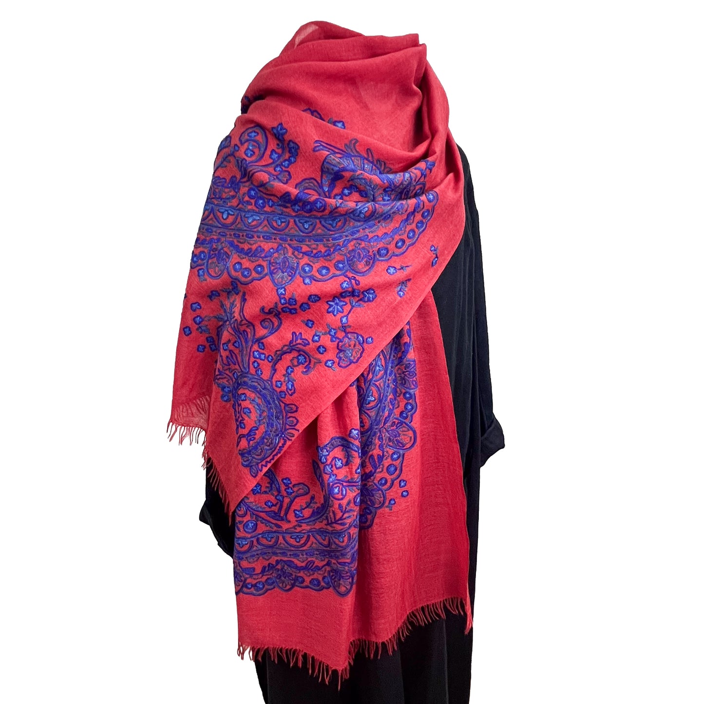[Free Shipping] French Lace Motif Thin Wool &amp; Silk Allie Hand Embroidered Stole 60cm x 180cm (Dark Gray/Red)