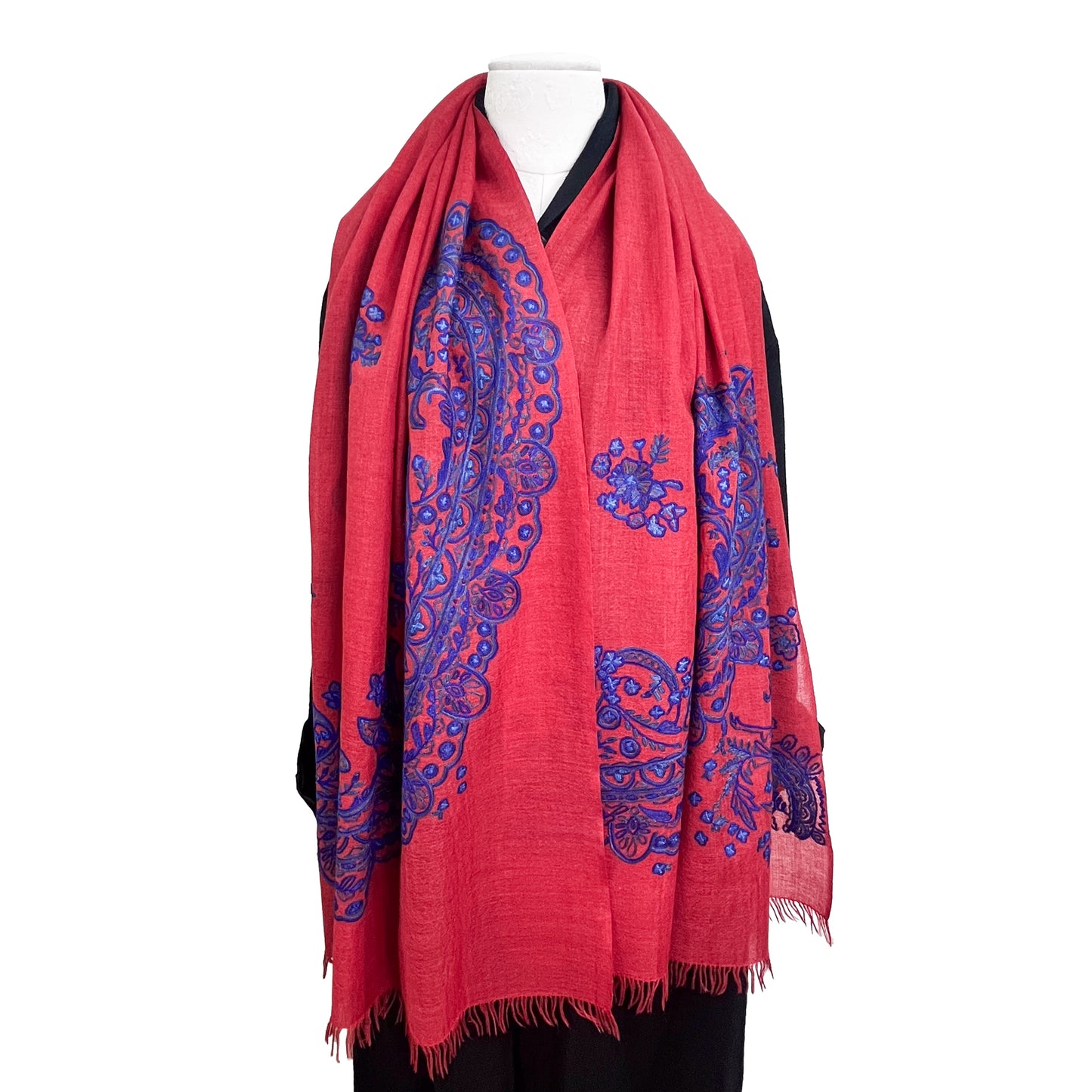 [Free Shipping] French Lace Motif Thin Wool &amp; Silk Allie Hand Embroidered Stole 60cm x 180cm (Dark Gray/Red)