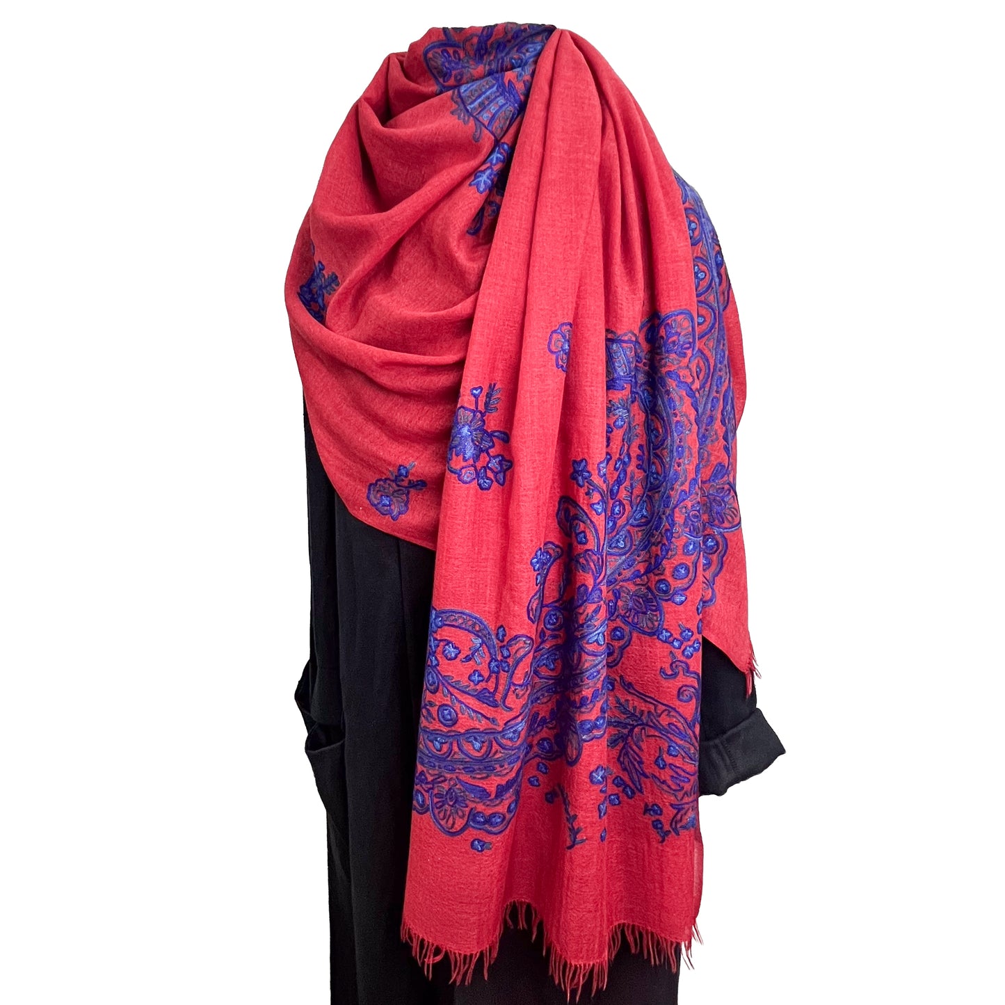 [Free Shipping] French Lace Motif Thin Wool &amp; Silk Allie Hand Embroidered Stole 60cm x 180cm (Dark Gray/Red)