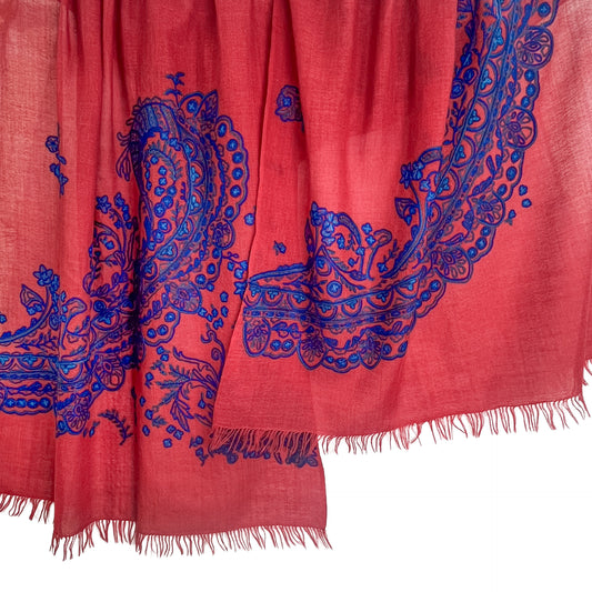 Lace 薄手ウール&シルク アリー手刺繍ストール (レッド)