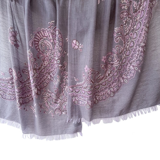 Lace 薄手ウール&シルク アリー手刺繍ストール (グレージュ/パープル)