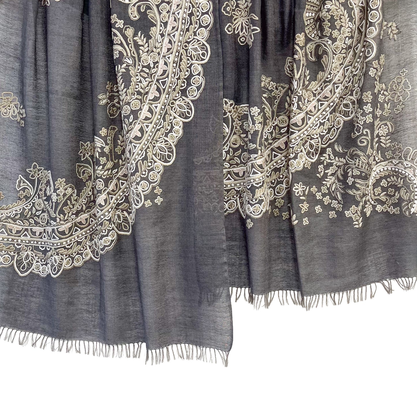 Lace 薄手ウール&シルク アリー手刺繍ストール (ダークグレー/グレージュ)