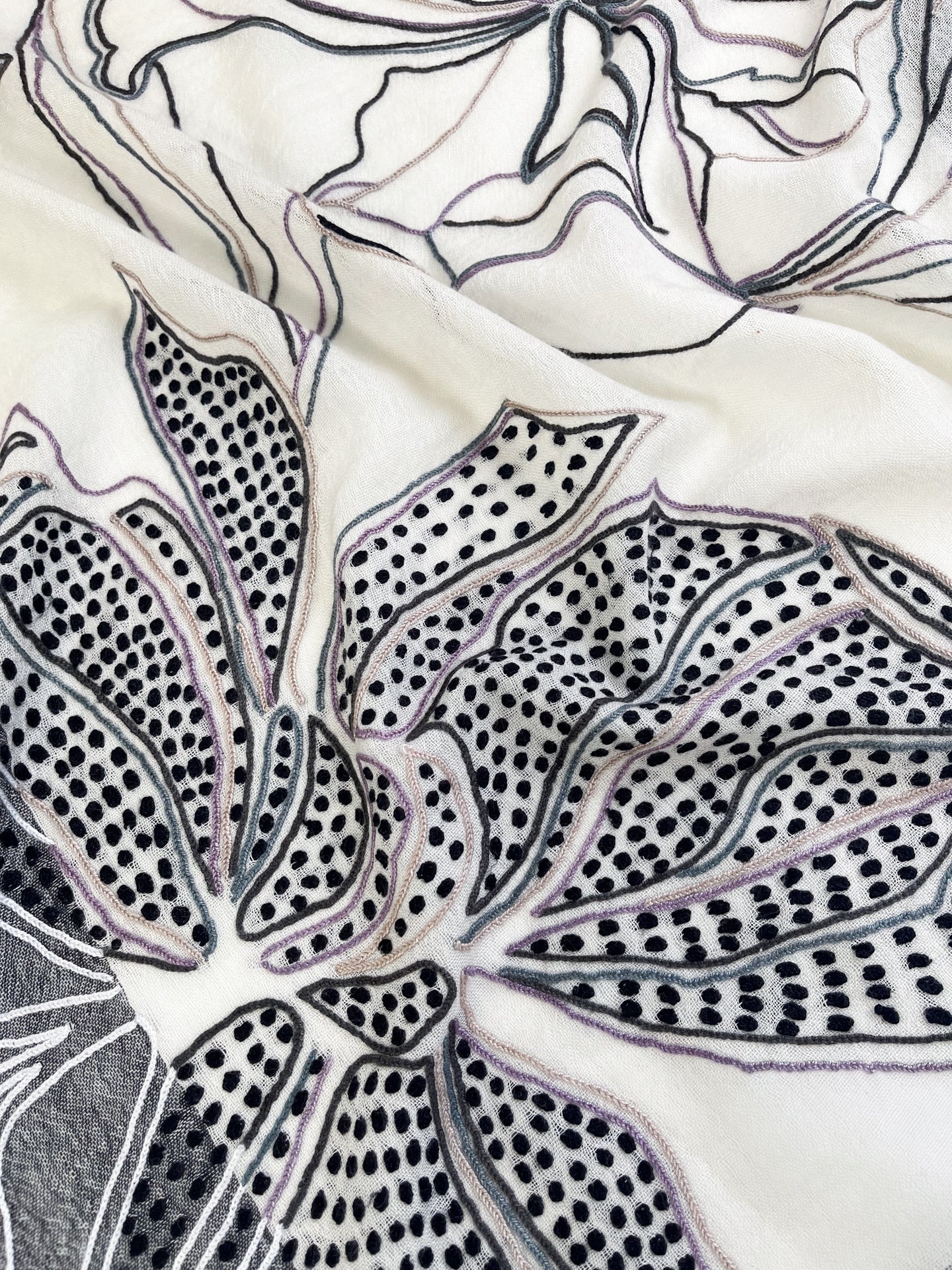 Line & Dot Flower Lightweight Wool & Silk Ari Hand-Embroidered Stole (White/Black)