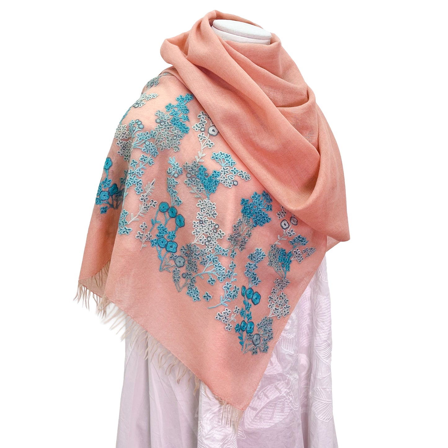 [Free Shipping] Spring Blossom Wool &amp; Silk Hand Embroidered Stole 60cm x 185cm (Orange/Turquoise)