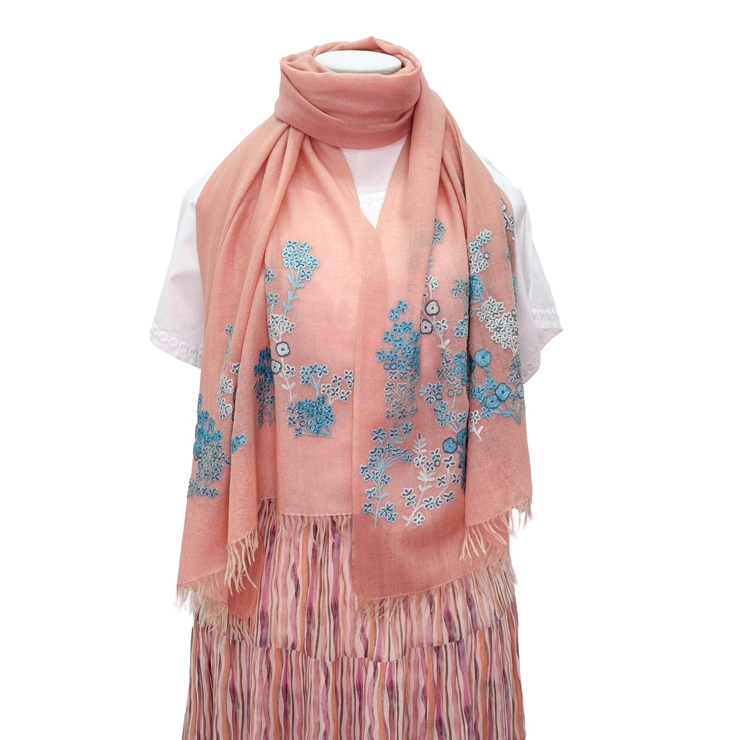 [Free Shipping] Spring Blossom Wool &amp; Silk Hand Embroidered Stole 60cm x 185cm (Orange/Turquoise)