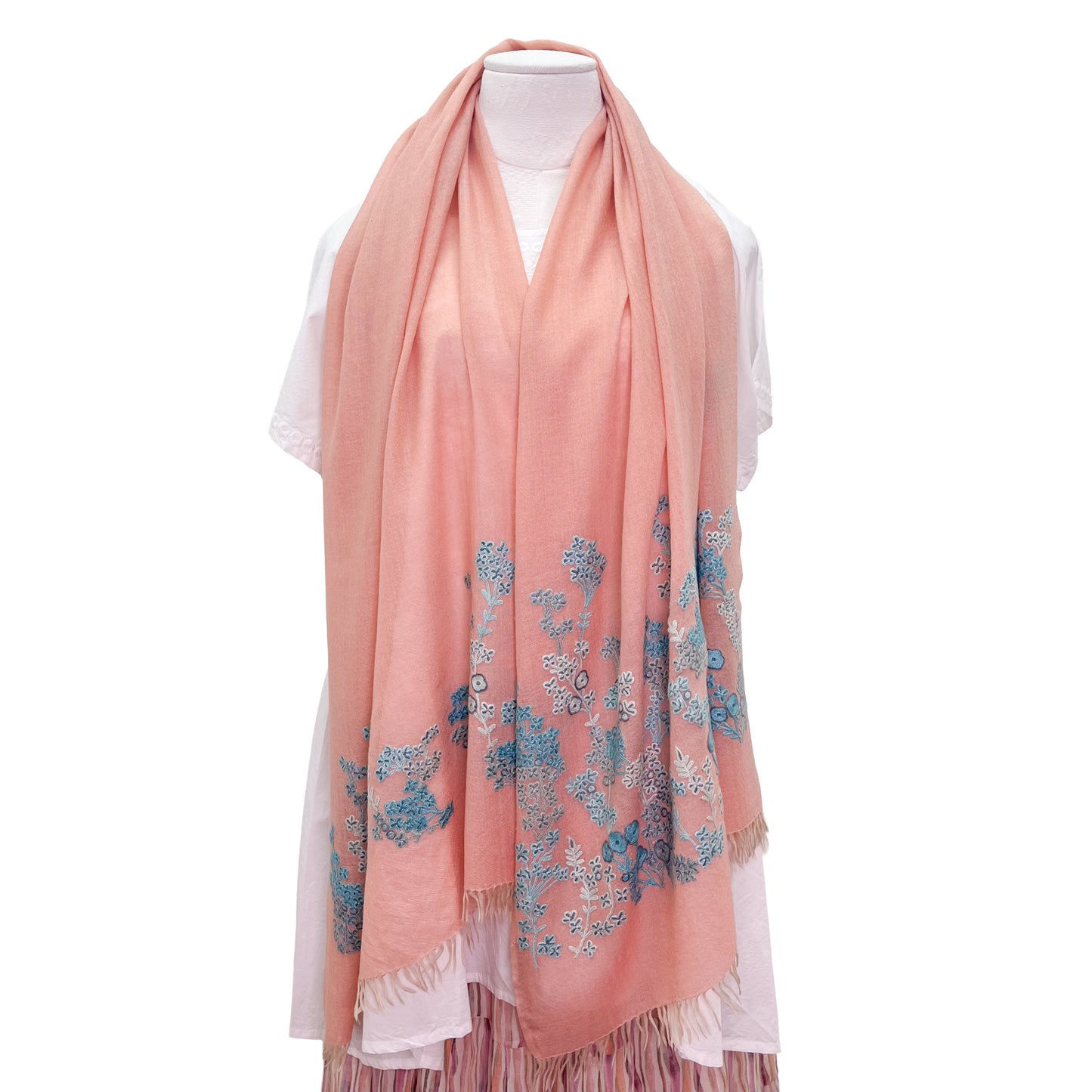 [Free Shipping] Spring Blossom Wool &amp; Silk Hand Embroidered Stole 60cm x 185cm (Orange/Turquoise)