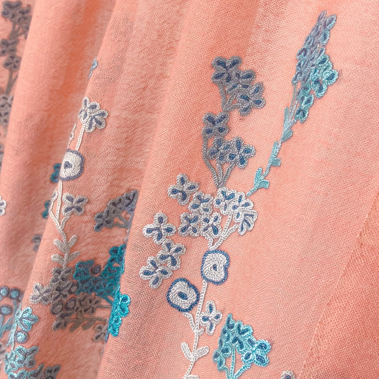 [Free Shipping] Spring Blossom Wool &amp; Silk Hand Embroidered Stole 60cm x 185cm (Orange/Turquoise)