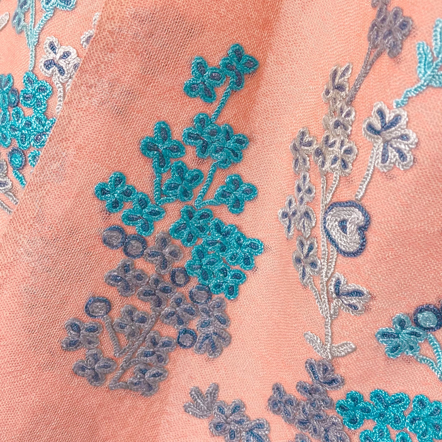 [Free Shipping] Spring Blossom Wool &amp; Silk Hand Embroidered Stole 60cm x 185cm (Orange/Turquoise)
