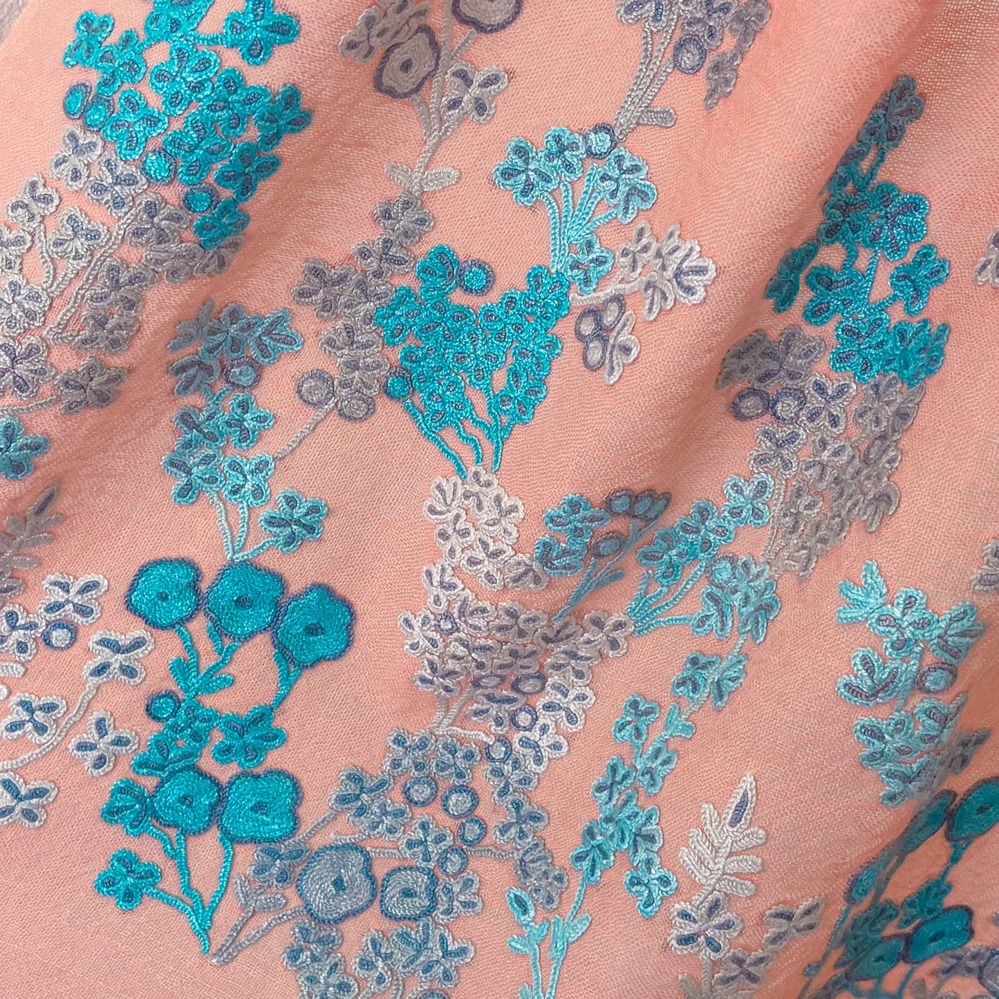 [Free Shipping] Spring Blossom Wool &amp; Silk Hand Embroidered Stole 60cm x 185cm (Orange/Turquoise)