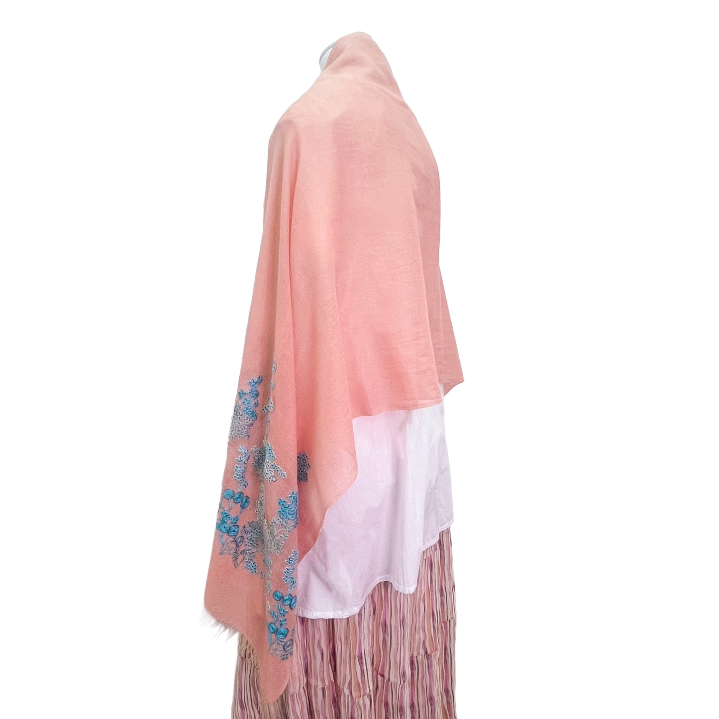 [Free Shipping] Spring Blossom Wool &amp; Silk Hand Embroidered Stole 60cm x 185cm (Orange/Turquoise)