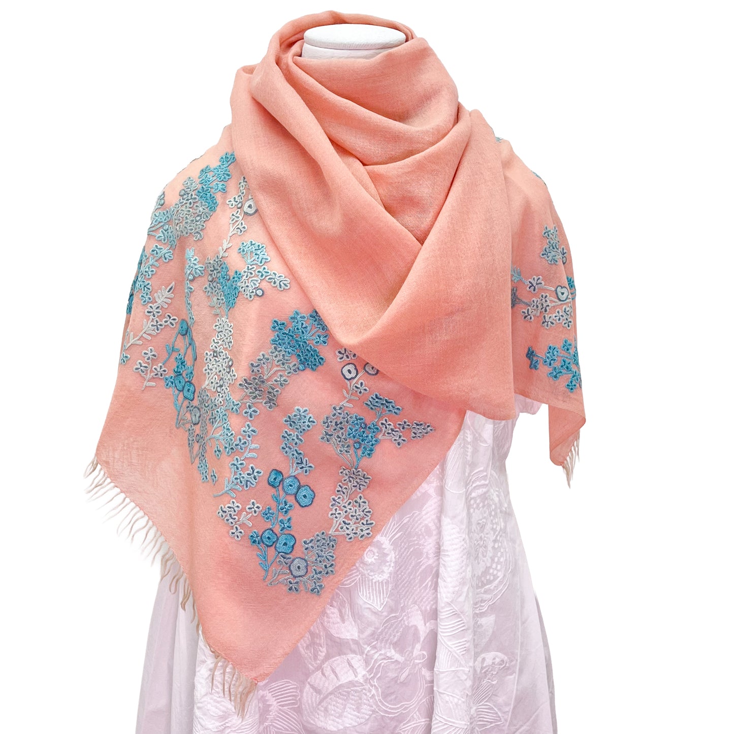 [Free Shipping] Spring Blossom Wool &amp; Silk Hand Embroidered Stole 60cm x 185cm (Orange/Turquoise)