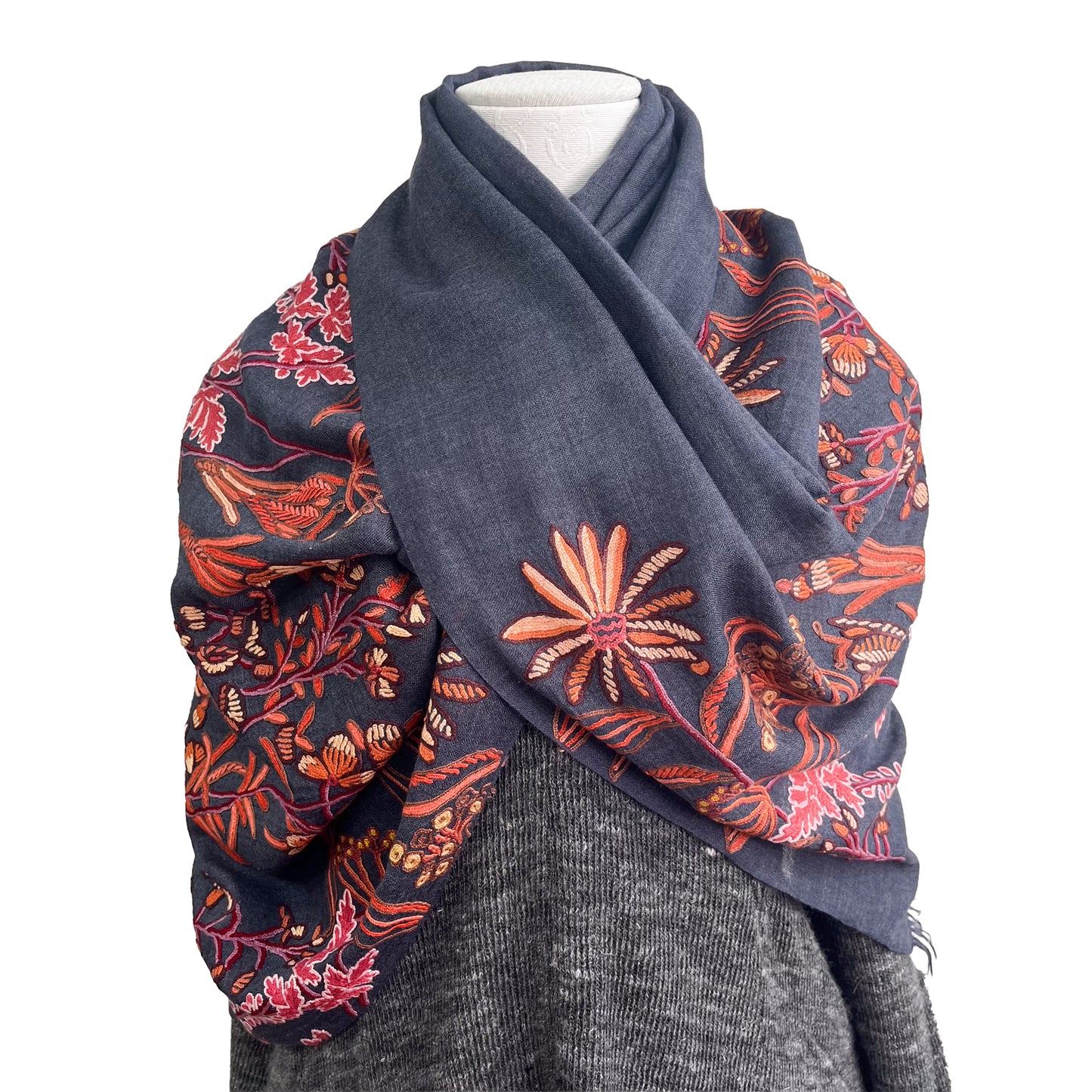 Botanical pattern, thin wool &amp; silk, Ally hand embroidered stole, 60cm x 195cm (fuchsia pink), S-WTA3033_0034