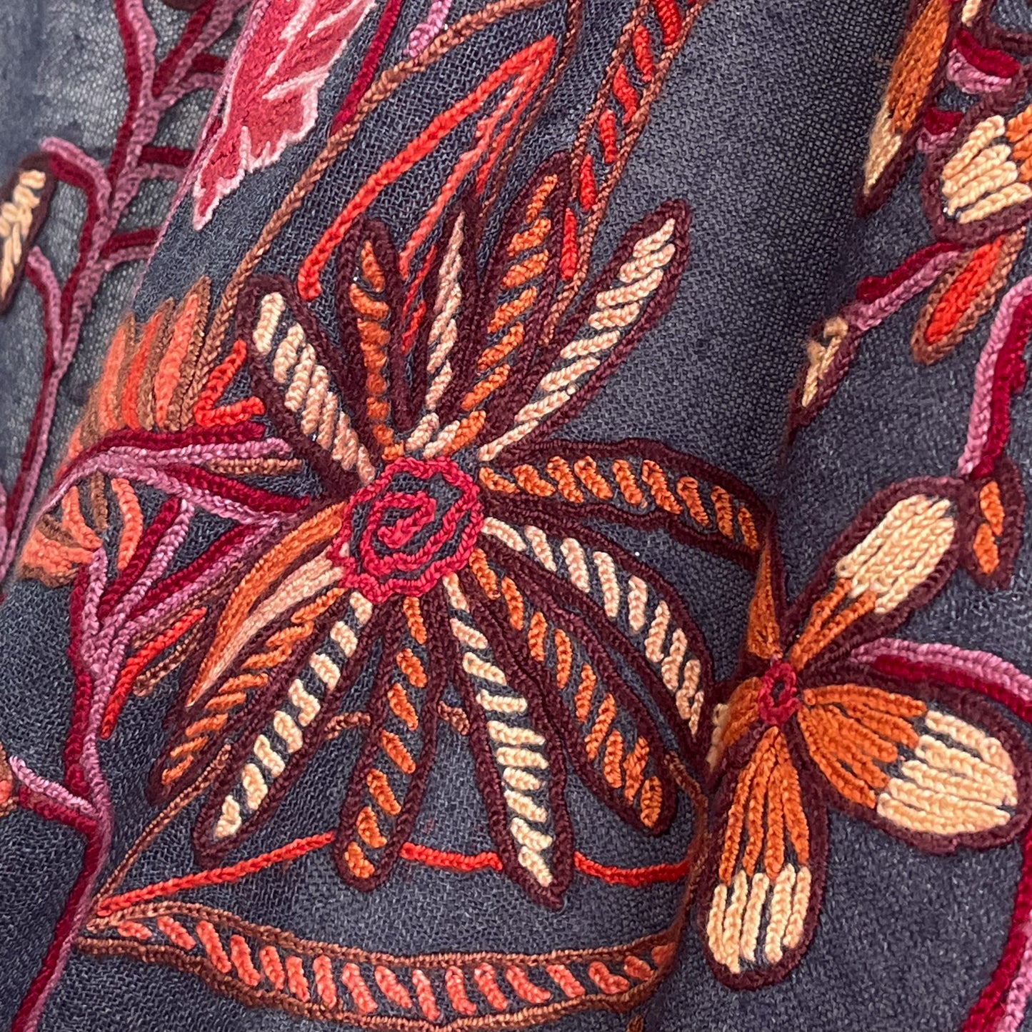 Botanical pattern, thin wool &amp; silk, Ally hand embroidered stole, 60cm x 195cm (fuchsia pink), S-WTA3033_0034