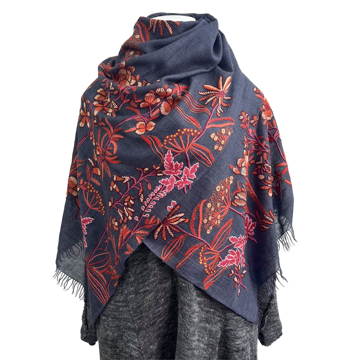 Botanical pattern, thin wool &amp; silk, Ally hand embroidered stole, 60cm x 195cm (fuchsia pink), S-WTA3033_0034