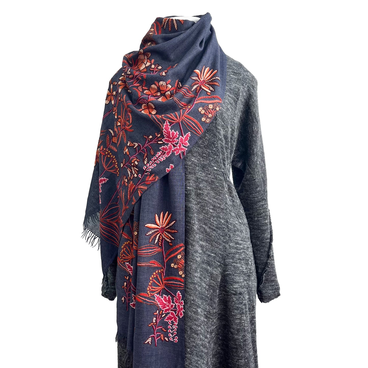 Botanical pattern, thin wool &amp; silk, Ally hand embroidered stole, 60cm x 195cm (fuchsia pink), S-WTA3033_0034