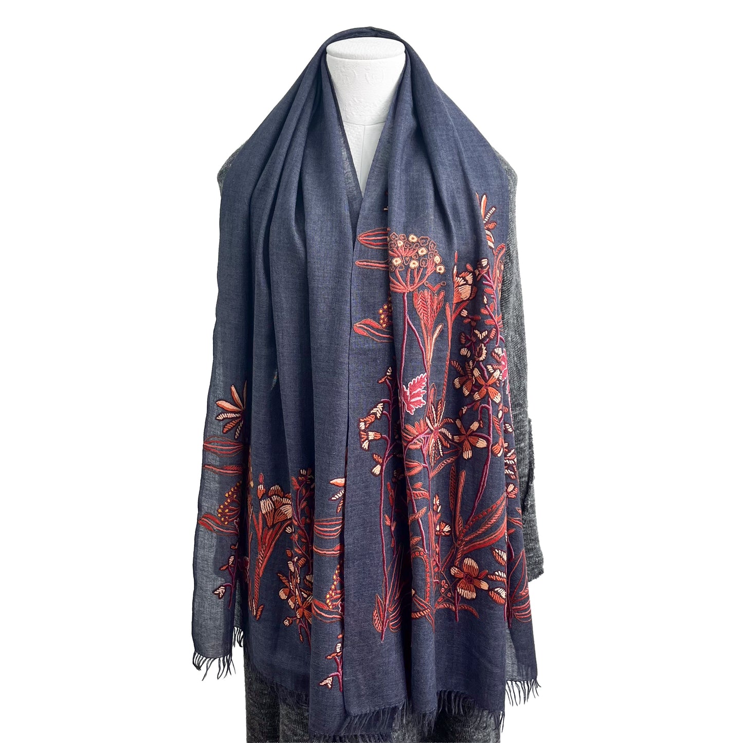 Botanical pattern, thin wool &amp; silk, Ally hand embroidered stole, 60cm x 195cm (fuchsia pink), S-WTA3033_0034