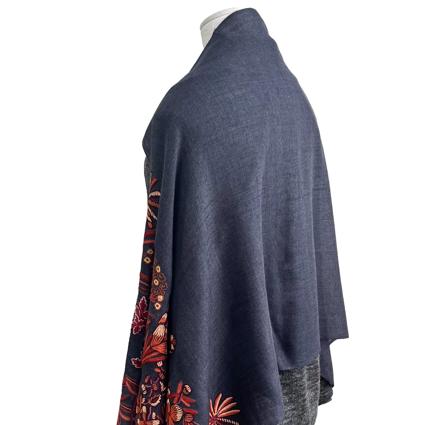 Botanical pattern, thin wool &amp; silk, Ally hand embroidered stole, 60cm x 195cm (fuchsia pink), S-WTA3033_0034