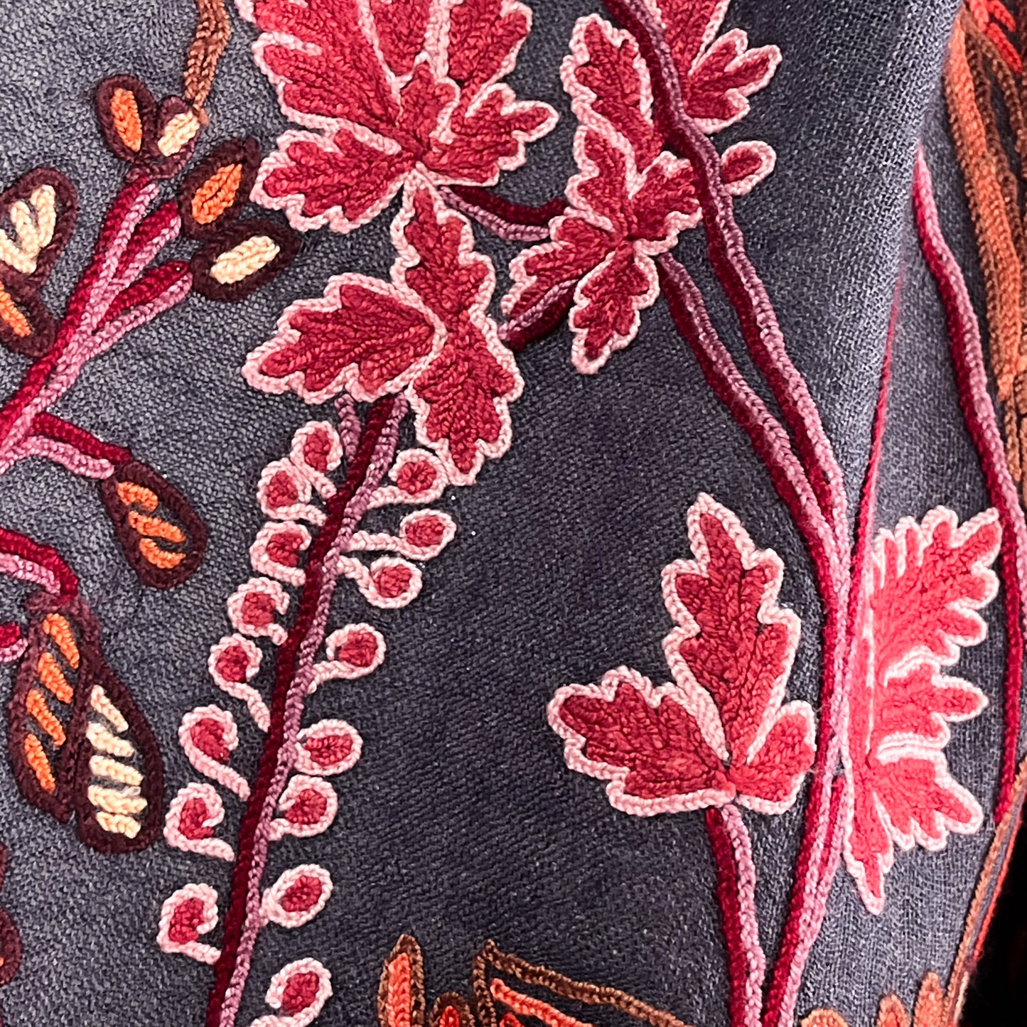 Botanical pattern, thin wool &amp; silk, Ally hand embroidered stole, 60cm x 195cm (fuchsia pink), S-WTA3033_0034