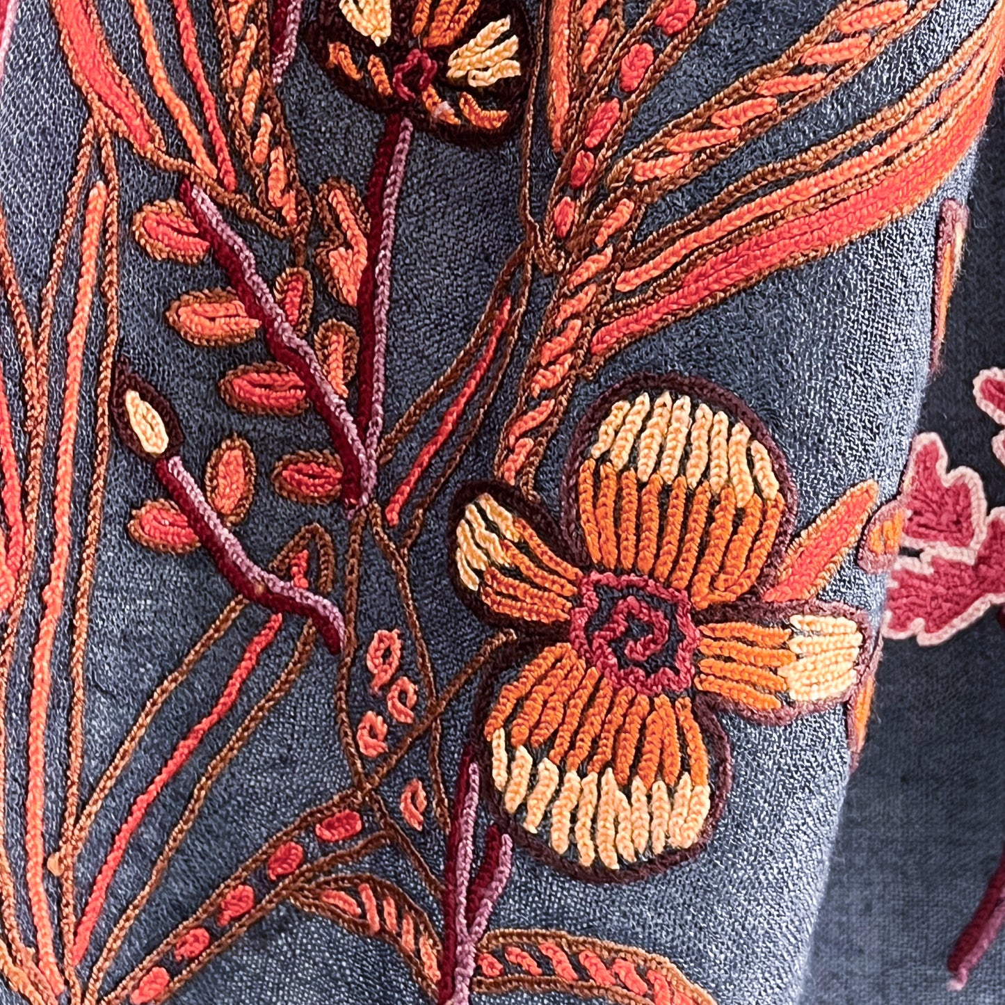 Botanical pattern, thin wool &amp; silk, Ally hand embroidered stole, 60cm x 195cm (fuchsia pink), S-WTA3033_0034