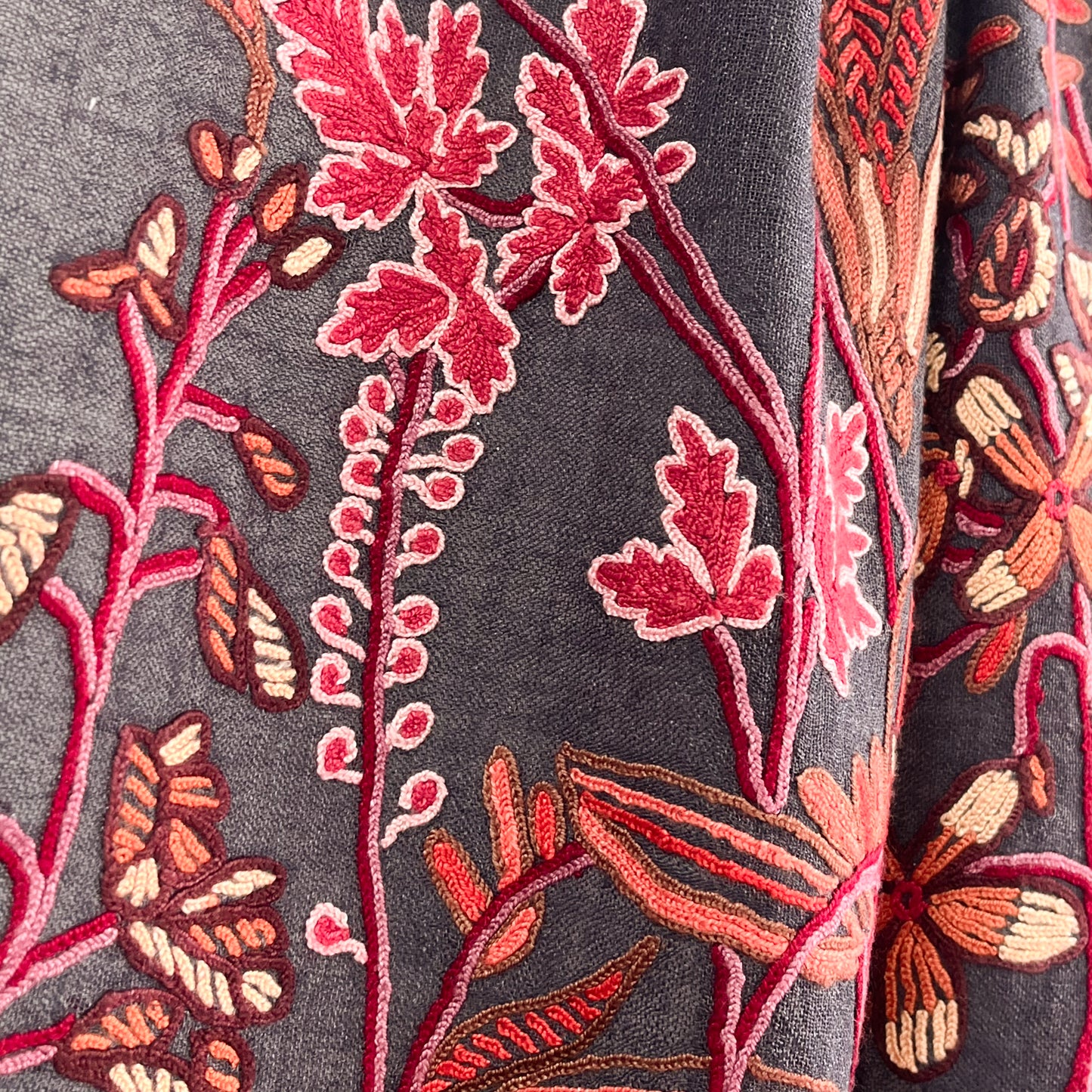 Botanical pattern, thin wool &amp; silk, Ally hand embroidered stole, 60cm x 195cm (fuchsia pink), S-WTA3033_0034