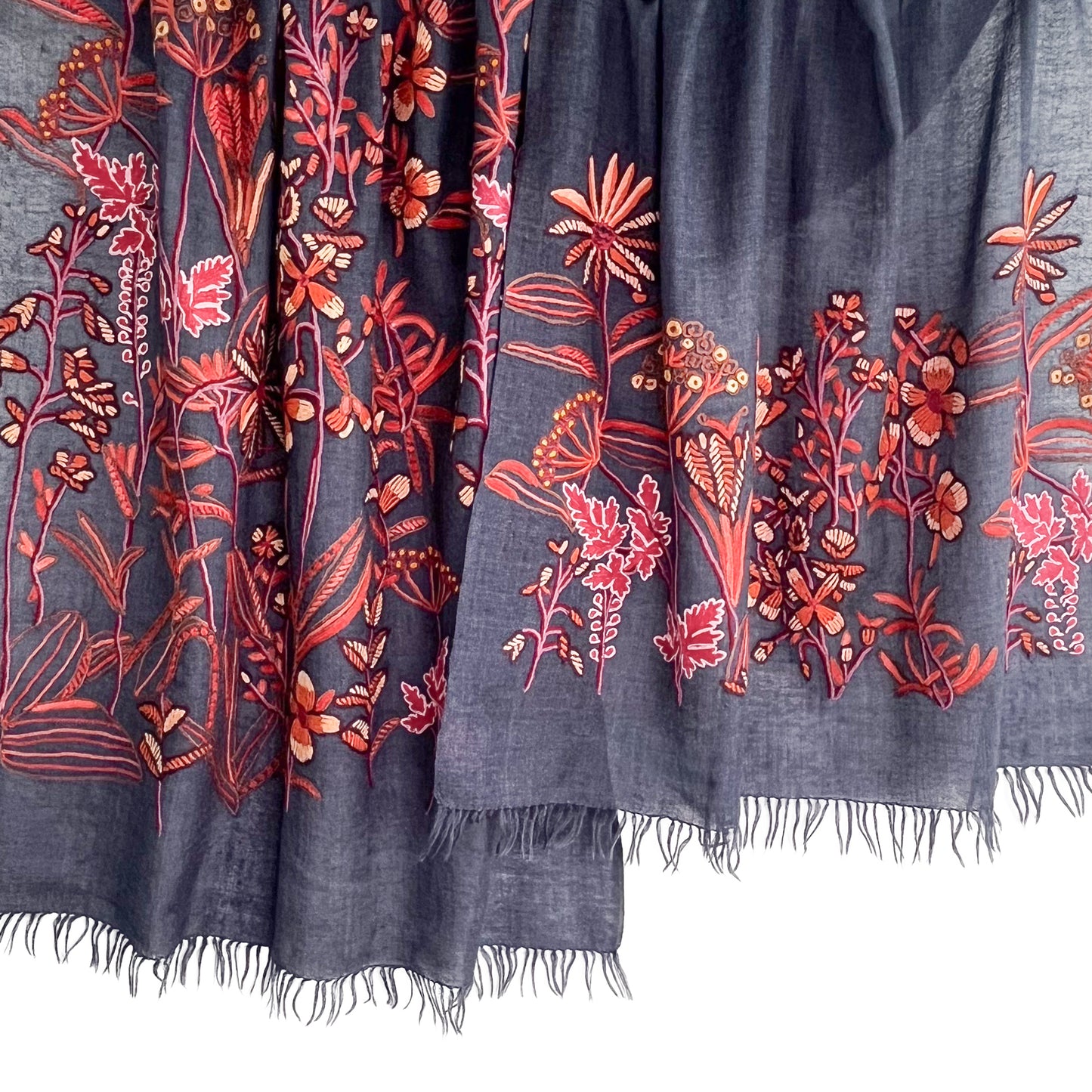 Botanical pattern, thin wool &amp; silk, Ally hand embroidered stole, 60cm x 195cm (fuchsia pink), S-WTA3033_0034