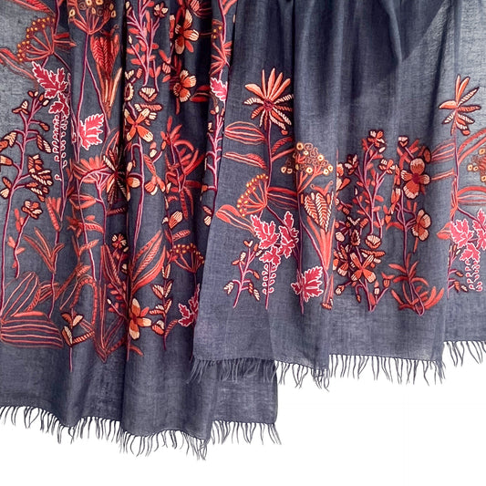 Botanical pattern, thin wool &amp; silk, Ally hand embroidered stole, 60cm x 195cm (fuchsia pink), S-WTA3033_0034